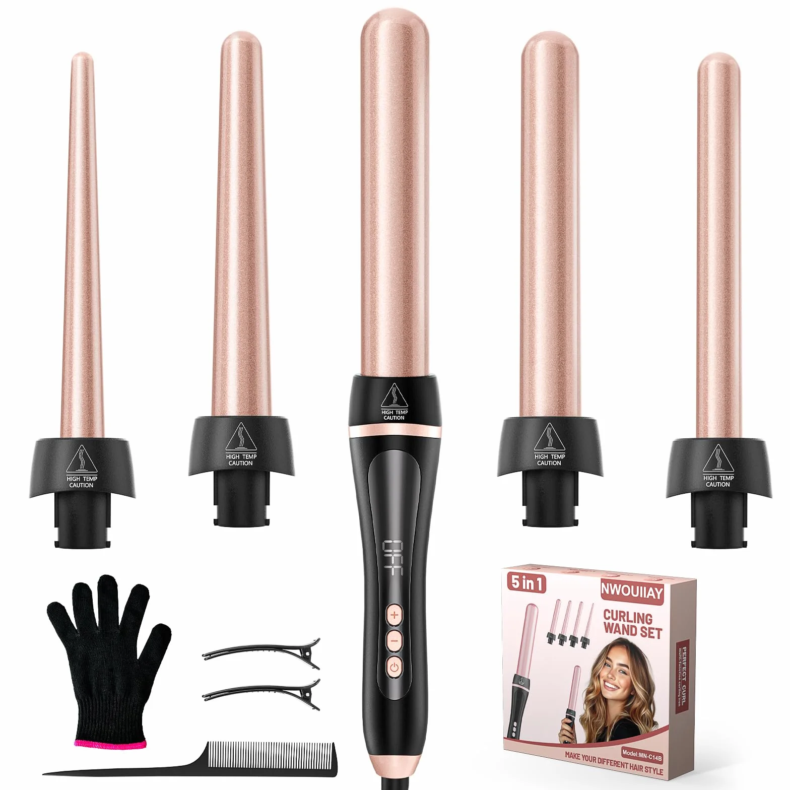 Rizador de Pelo 5 en 1 Cerámica Temperatura Ajustable 80-230°C Pantalla LCD Carcasas Reemplazables 9-32mm Calentamiento Rápido Apagado Automático Guantes Protección