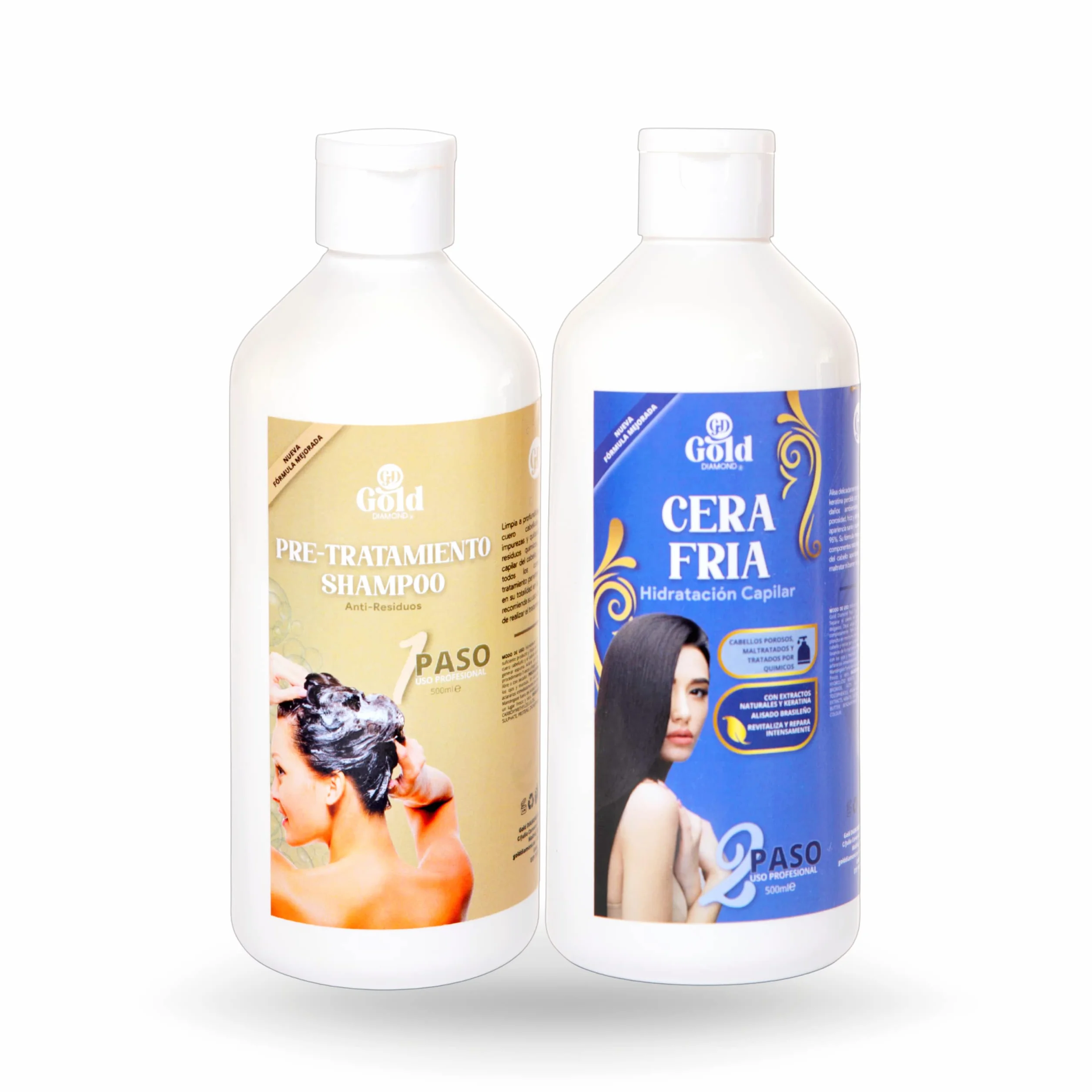 Gold DIAMOND – Kit Alisado Brasileño Cera Fría Sin Formol – Tratamiento de Keratina Profesional para Cabello Teñido, Poroso y Dañado – Hasta 6 Meses Sin Frizz (Kit Mediano, 500mL)