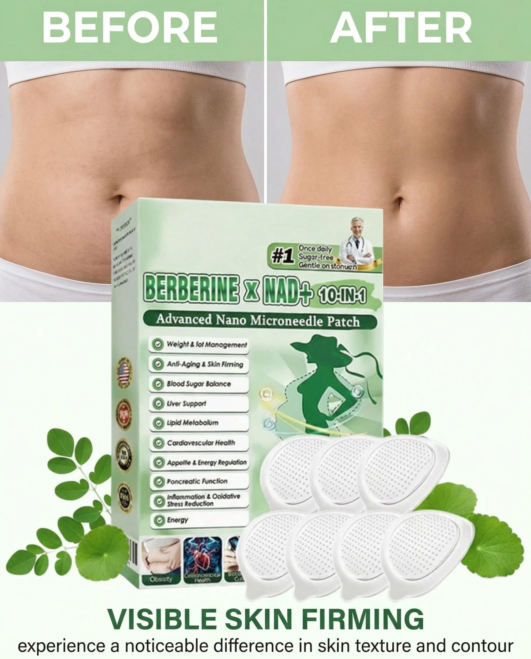 Parches adelgazantes Moringa 10 en 1, parche avanzado de microagujas, berberina para adelgazar