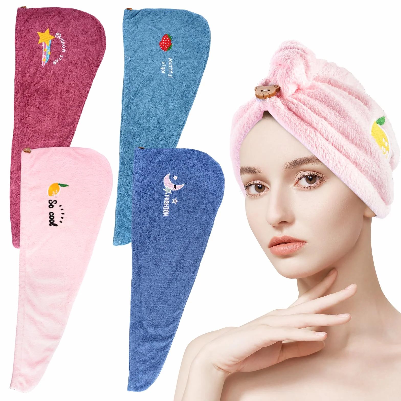 Toalla de Pelo Secado Rápido 65x25cm Turbante para Mujer 4 Piezas
