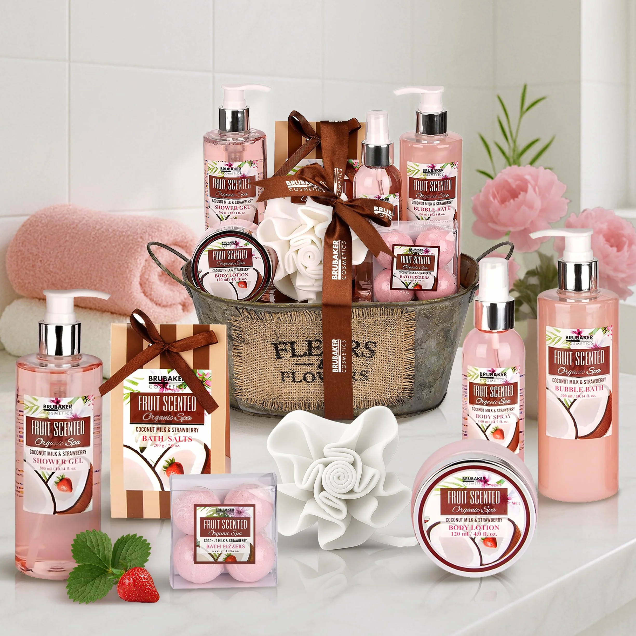BRUBAKER Cosmetics Kit Baños Fresa-Coco 11 piezas Bañera Vintage Set Regalo Mujer Spa Baño Ducha