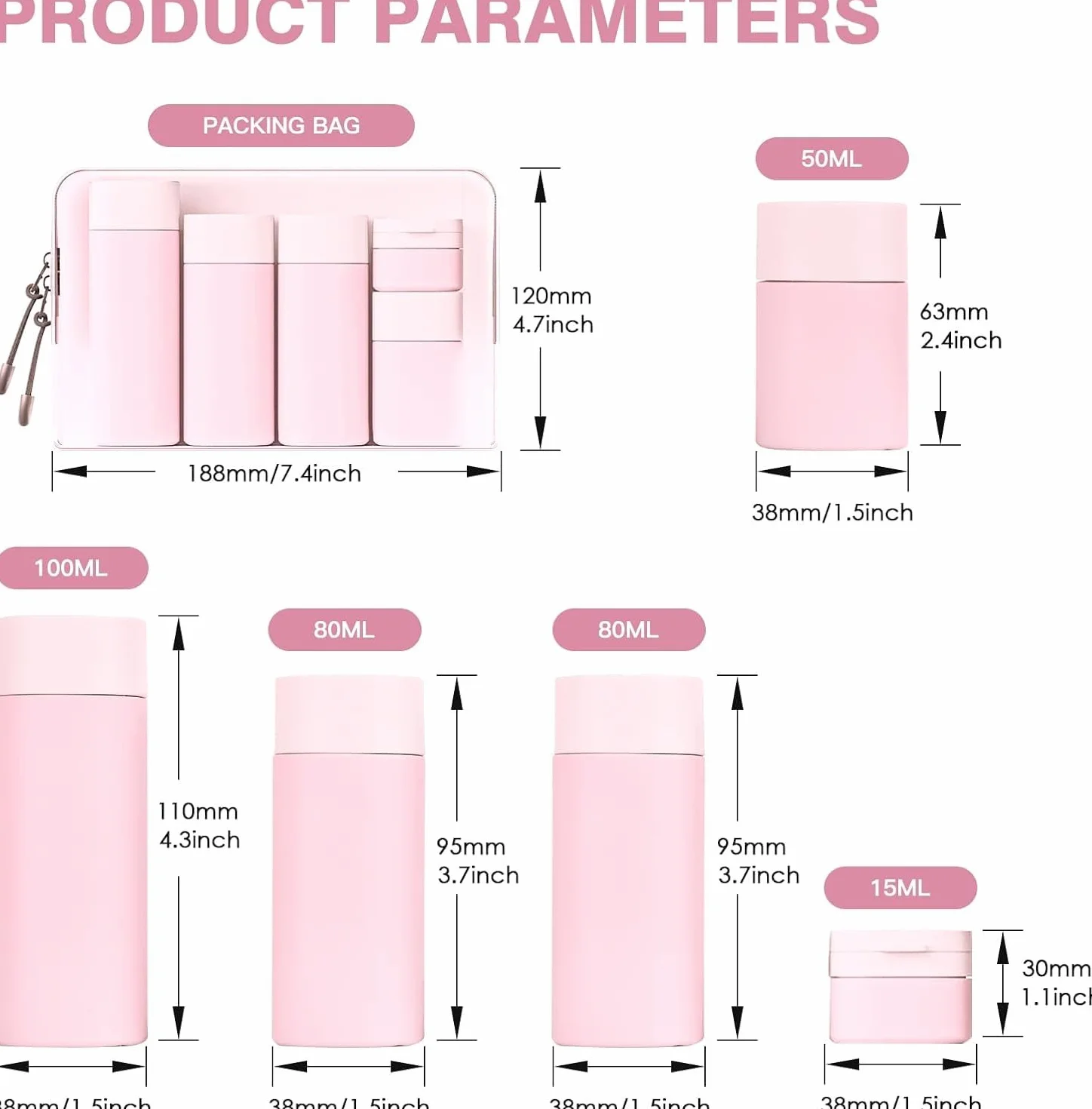 Botes viaje rellenables 100ml a prueba de fugas para gel, champú y lociones Rosa