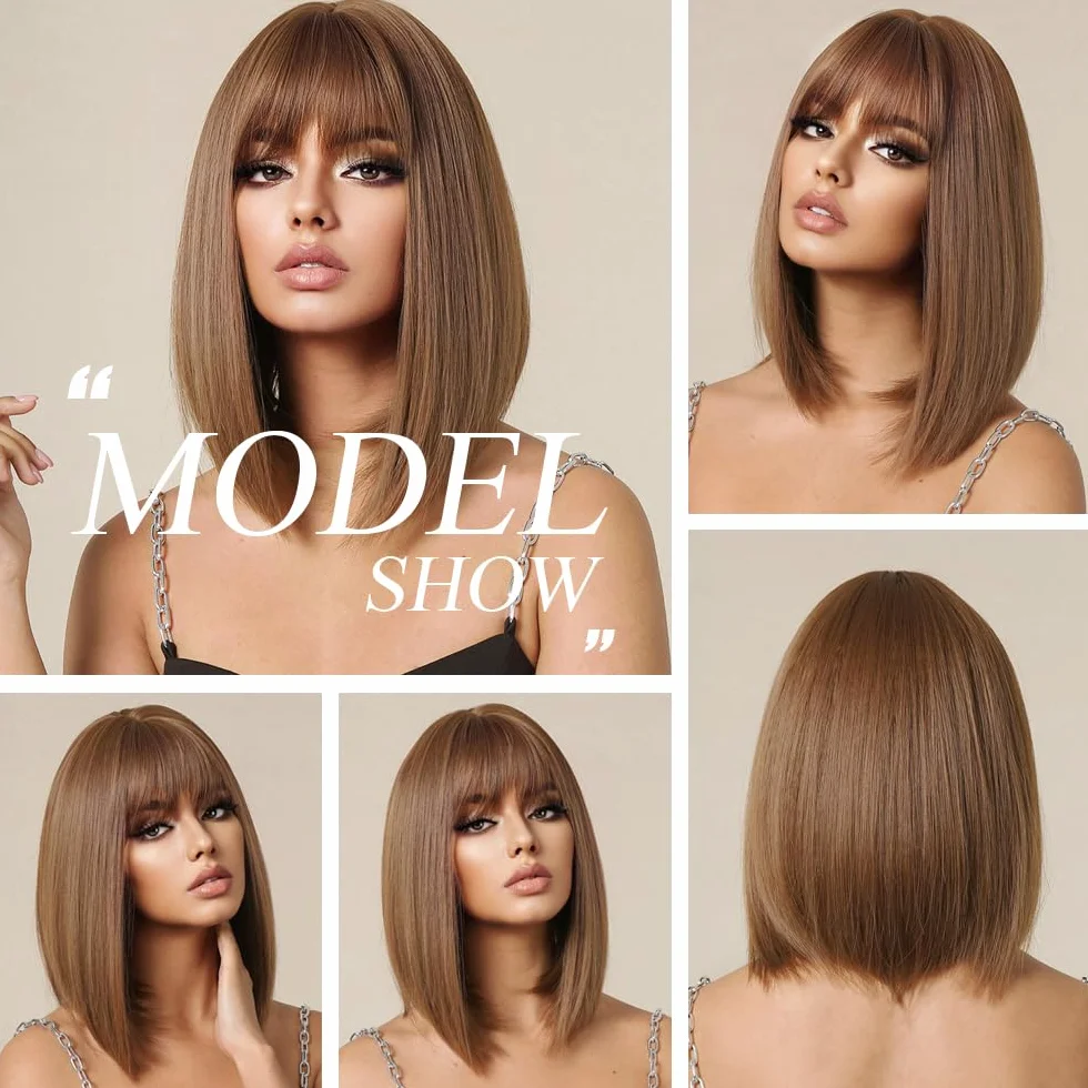 Peluca Bob Marrón con Flequillo Recta Corta para Mujer Pelo Sintético Cosplay