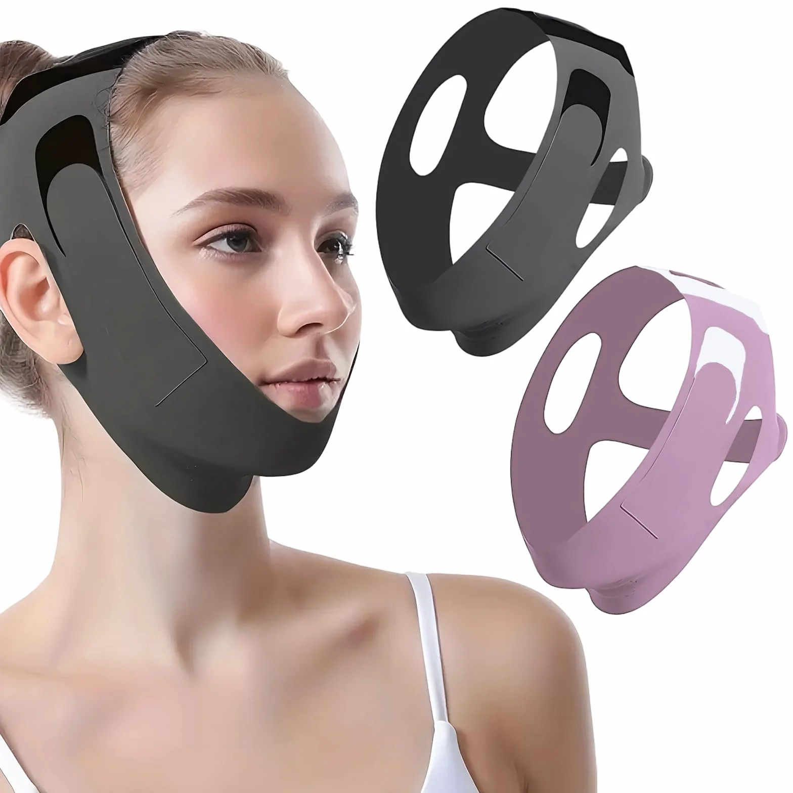 Banda Facial Para Lifting Reafirmante Mentonera Papada Reutilizable Contorno Mandíbula Mejorar Elasticidad Piel Negro Morado 2 Piezas