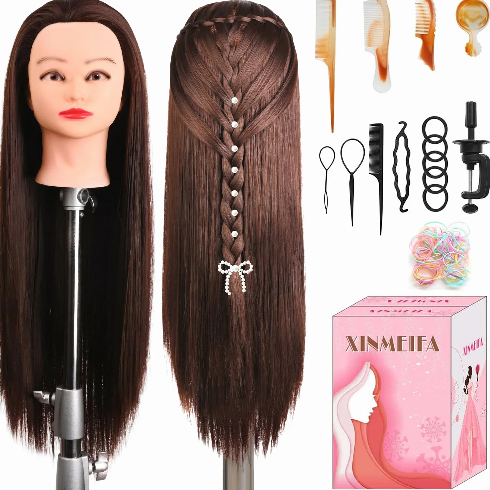 Cabeza maniquí 28inch Fibra 100% sintética con Soporte Accesorios Peinado DIY