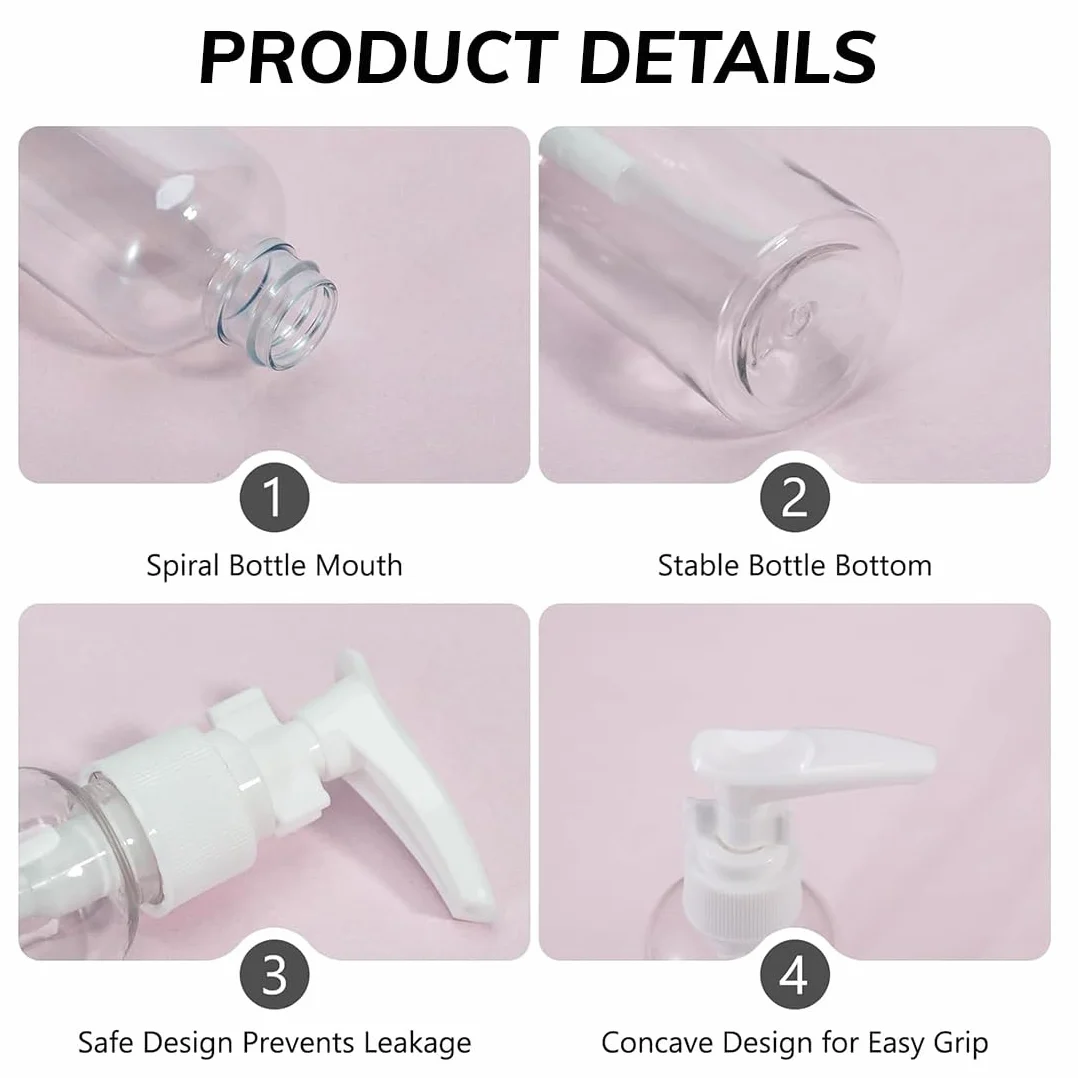 Botellas de Viaje Transparentes 100ml Rellenables con Bomba de Plástico para Loción Champú