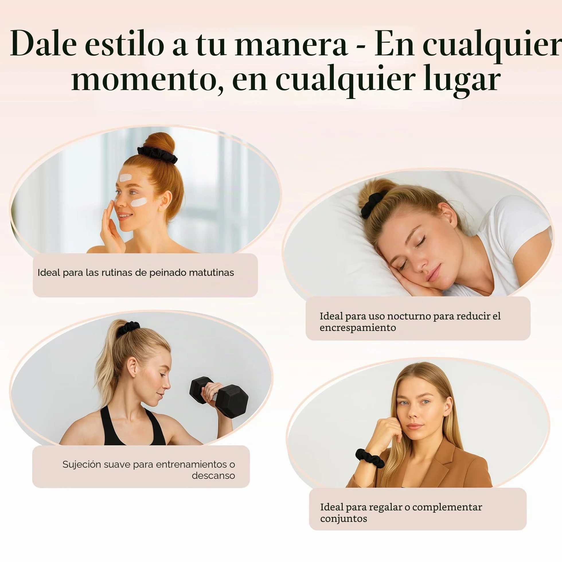 Kitsch 5 gomas de pelo de satén, antiencrespamiento y rotura, agarre suave, negras