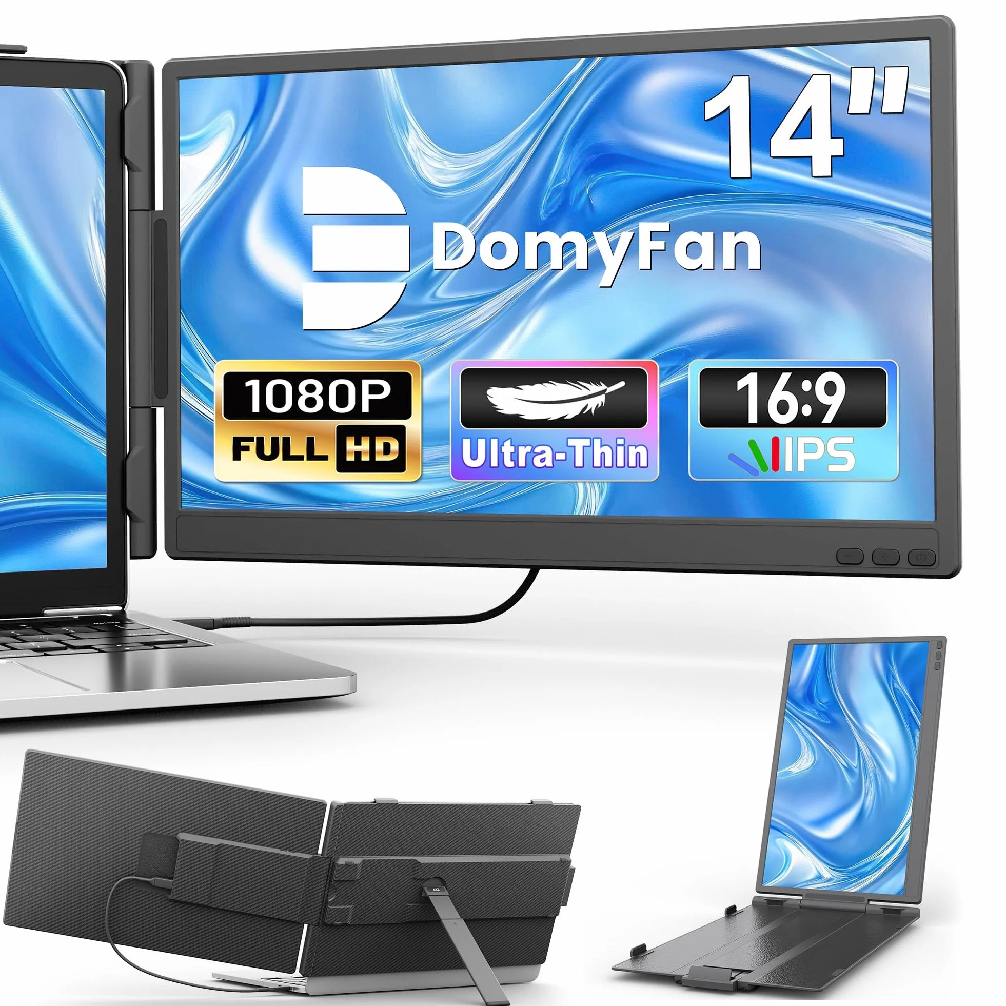 Domyfan Monitor Portátil 14" Dual Ultradelgado FHD 1080P IPS Extensor de Pantalla Plug & Play HDMI USB-A Type-C Compatible Windows Mac Android