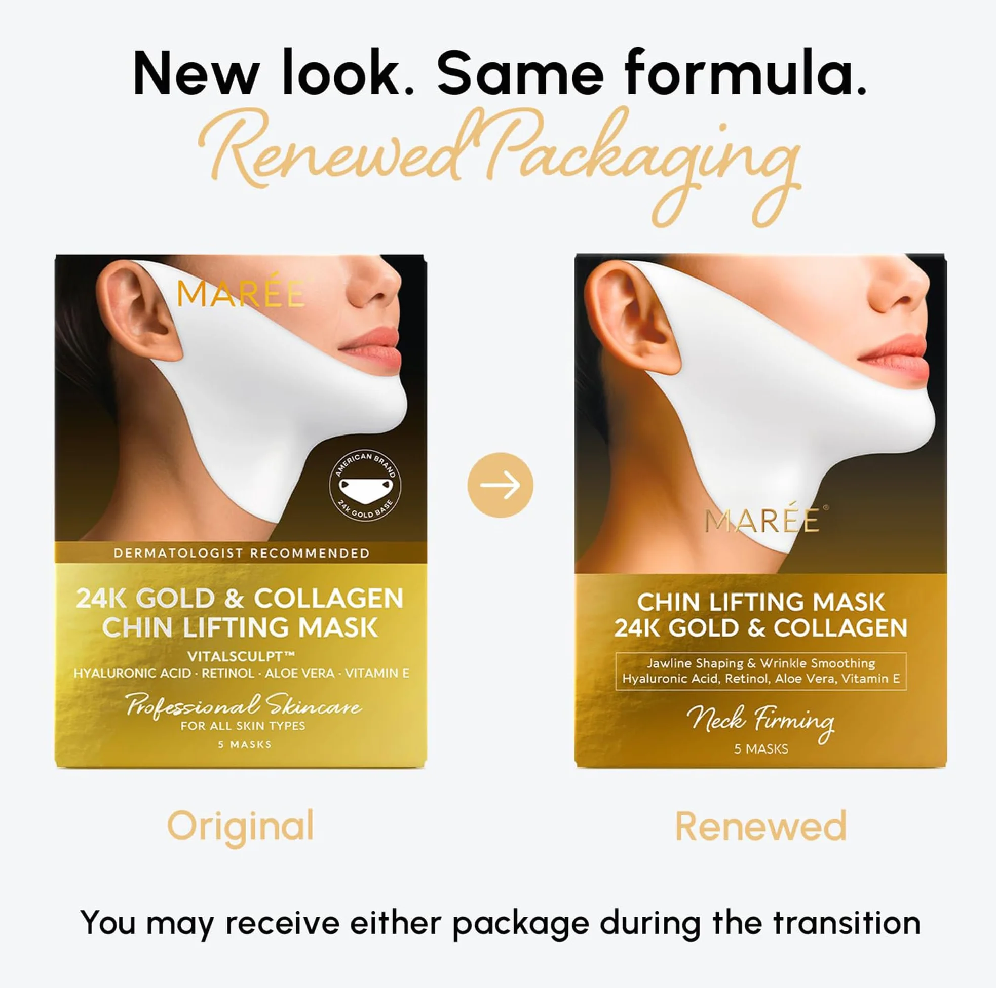 Máscara de elevación facial con oro 24K, colágeno, retinol y ácido hialurónico para mujer