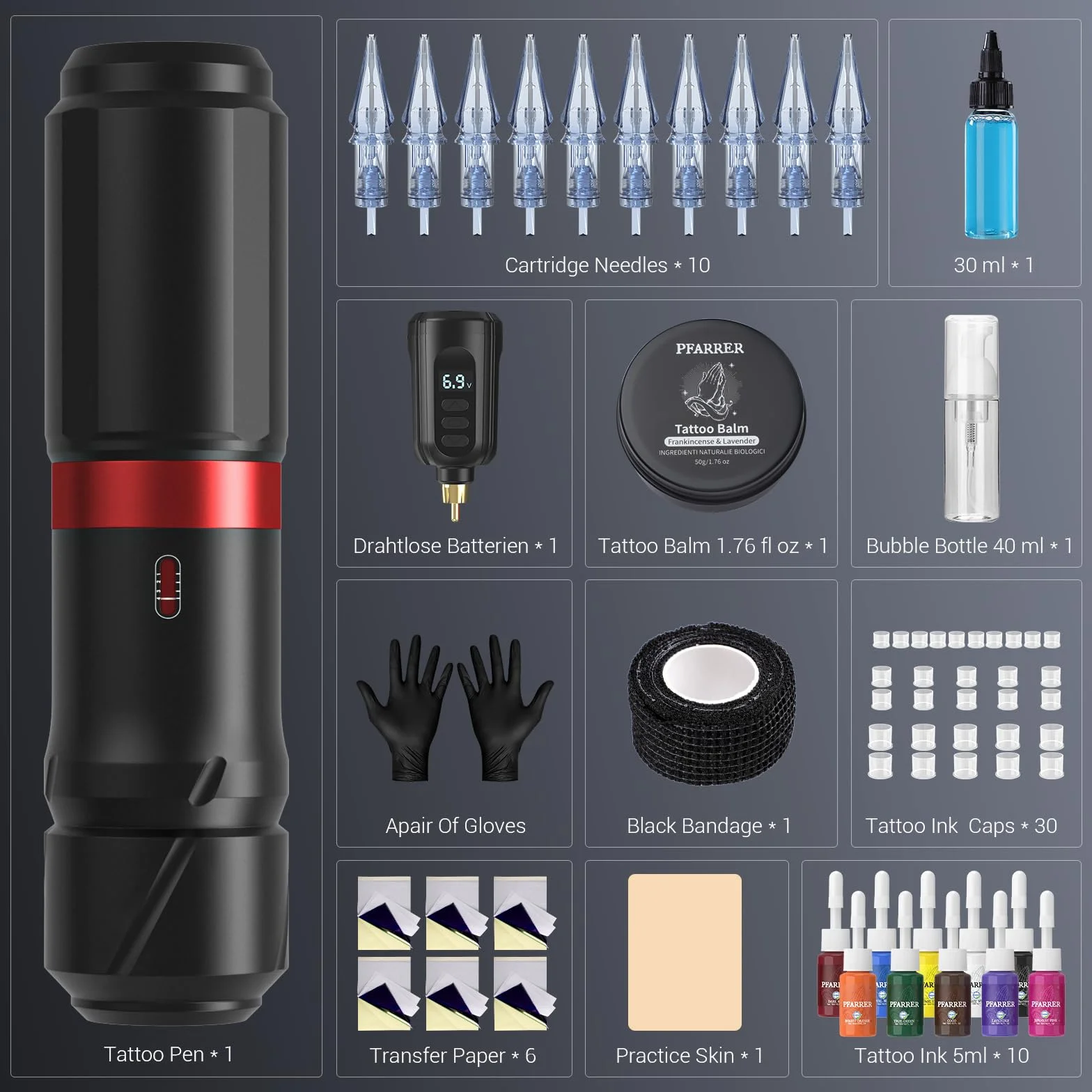 PFARRER maquina de tatuar kit completo Rotativa Máquina con 4 Modos Batería 10pcs Agujas Tatuaje Cartucho 10 Tinta Tatuaje Profesional for Principiante y Artistas PRP83KITEU-1