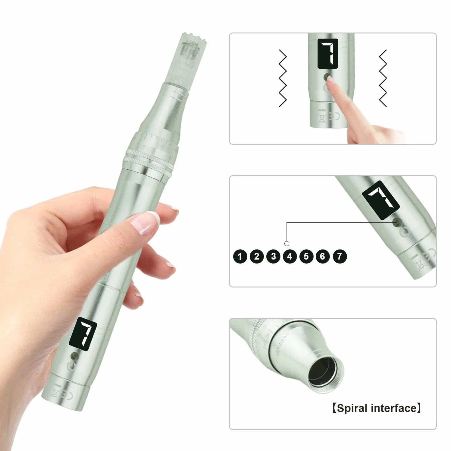 Dermapen con pantalla LCD y 7 niveles de velocidad de longitud ajustable (incluye cartuchos de 12 cabezales), color plateado