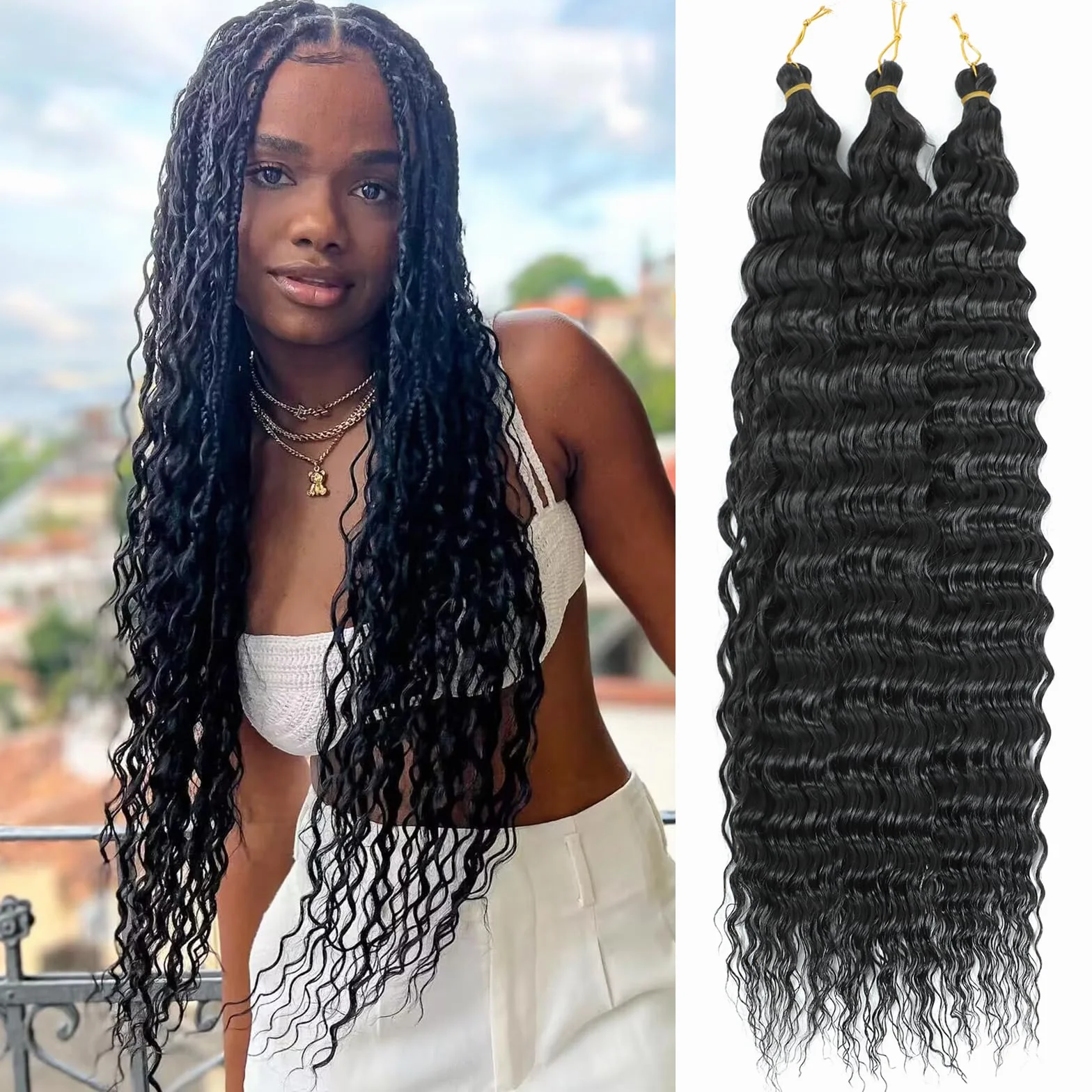 Crochet Extensiones de Pelo Onduladas Suaves Sintéticas Trenzadas 1B 22 Pulgadas Pack de 3