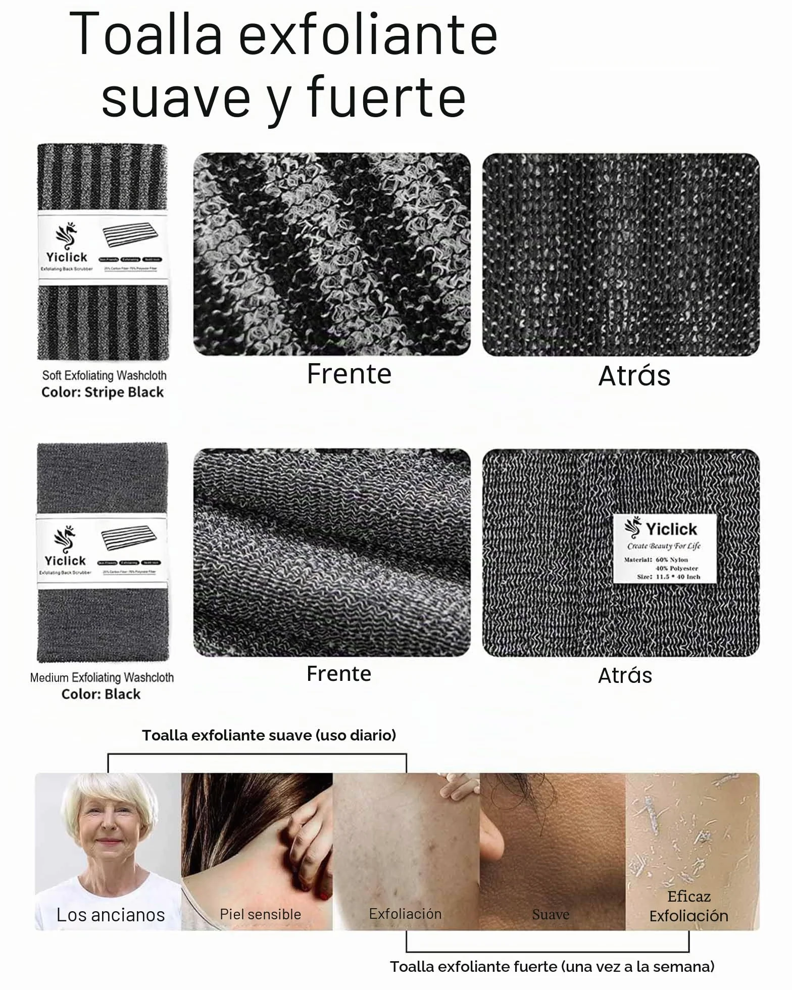 Yiclick Paquete de 2 Toallas Exfoliantes - Esponja de Lufa para Cuerpo - Exfoliante de Espalda Suave y Áspera