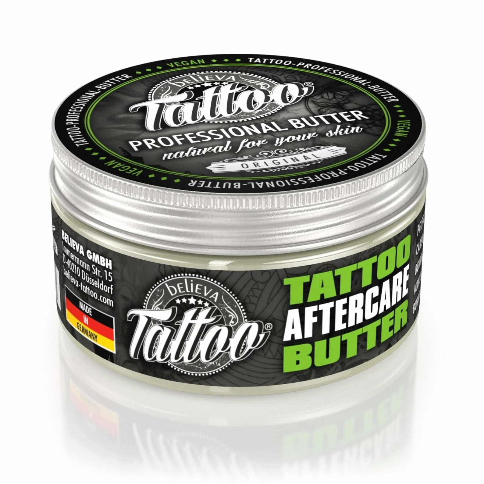 Believa Tattoo Butter – Cuidado premium para tatuajes con fórmula vegana e ingredientes naturales para colores de tatuaje vibrantes – Cuidado diario y aftercare para piel tatuada | 100 ml