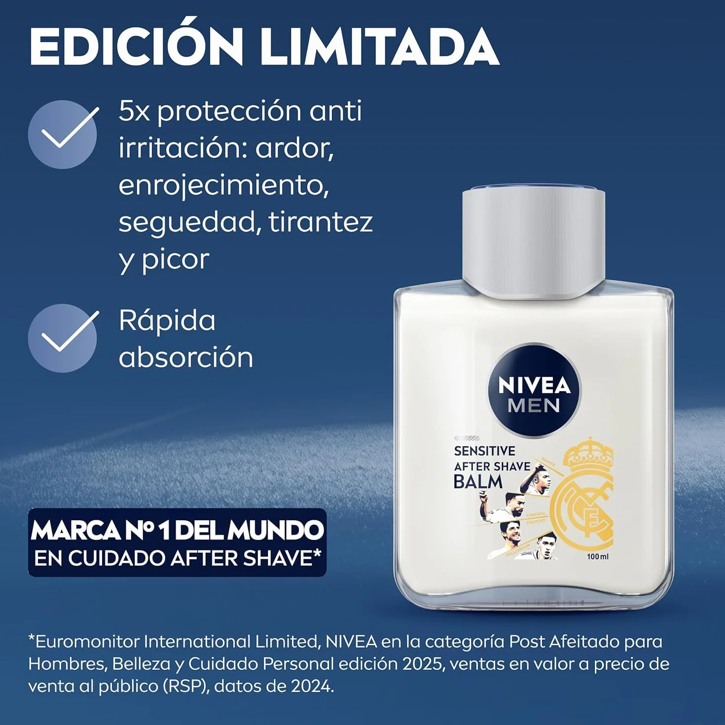 NIVEA MEN Pack Real Madrid Edición Limitada - Sensitive Aftershave 100 ml, Desodorante Spray Deep 150 ml, Gel de Ducha Deep 250 ml, NIVEA Creme 150 ml