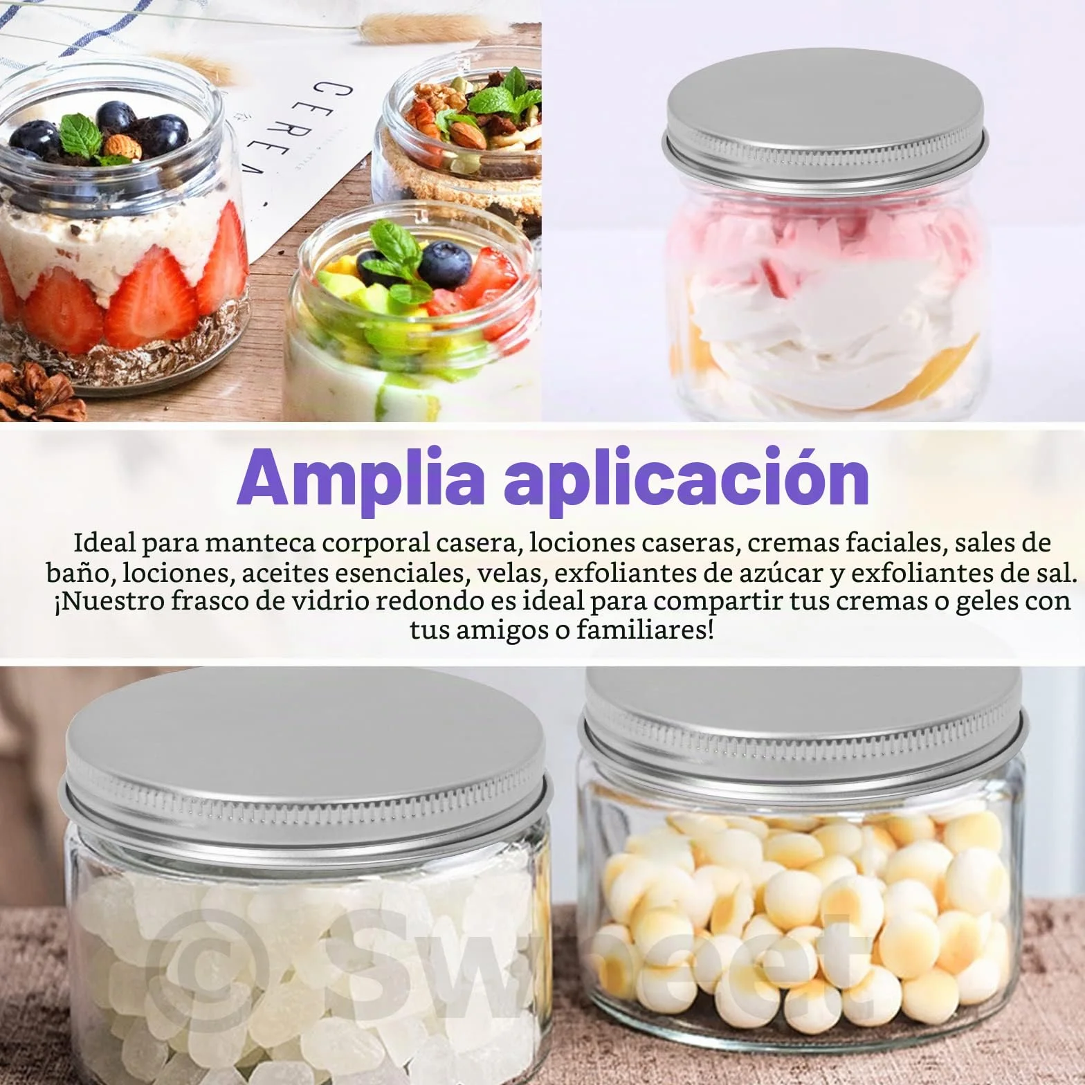 Frascos de vidrio transparente 120 ml con tapa plateada para cosméticos