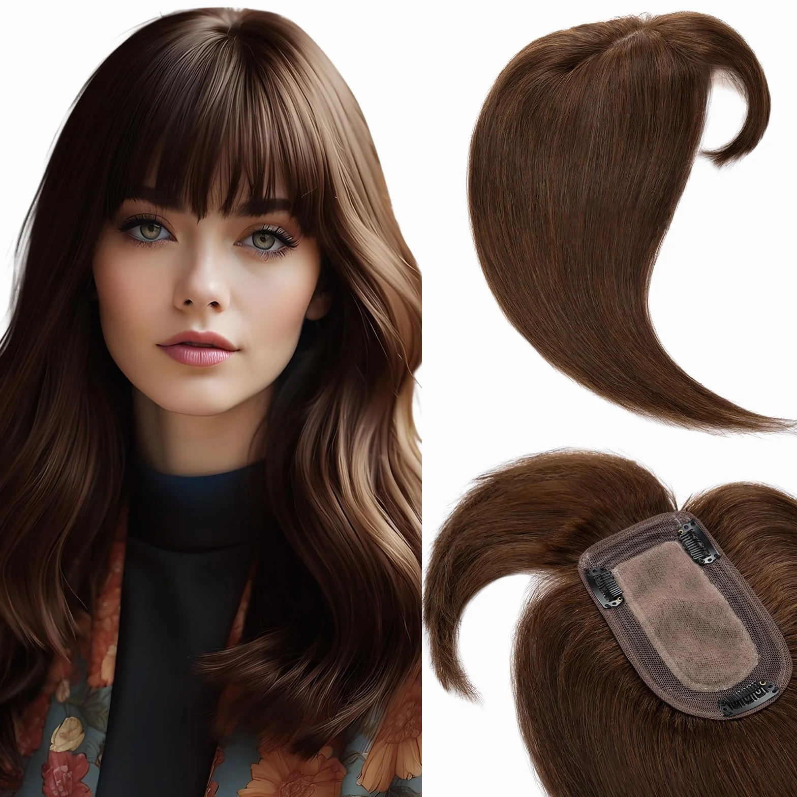 Elailite Flequillo Protesis Capilar Mujer Pelo Natural Clip Postizos Hair Topper Toupee Capilares Encaje Base 7cm*13cm Cabello Humano 45cm 53g #04 Castaño Medio
