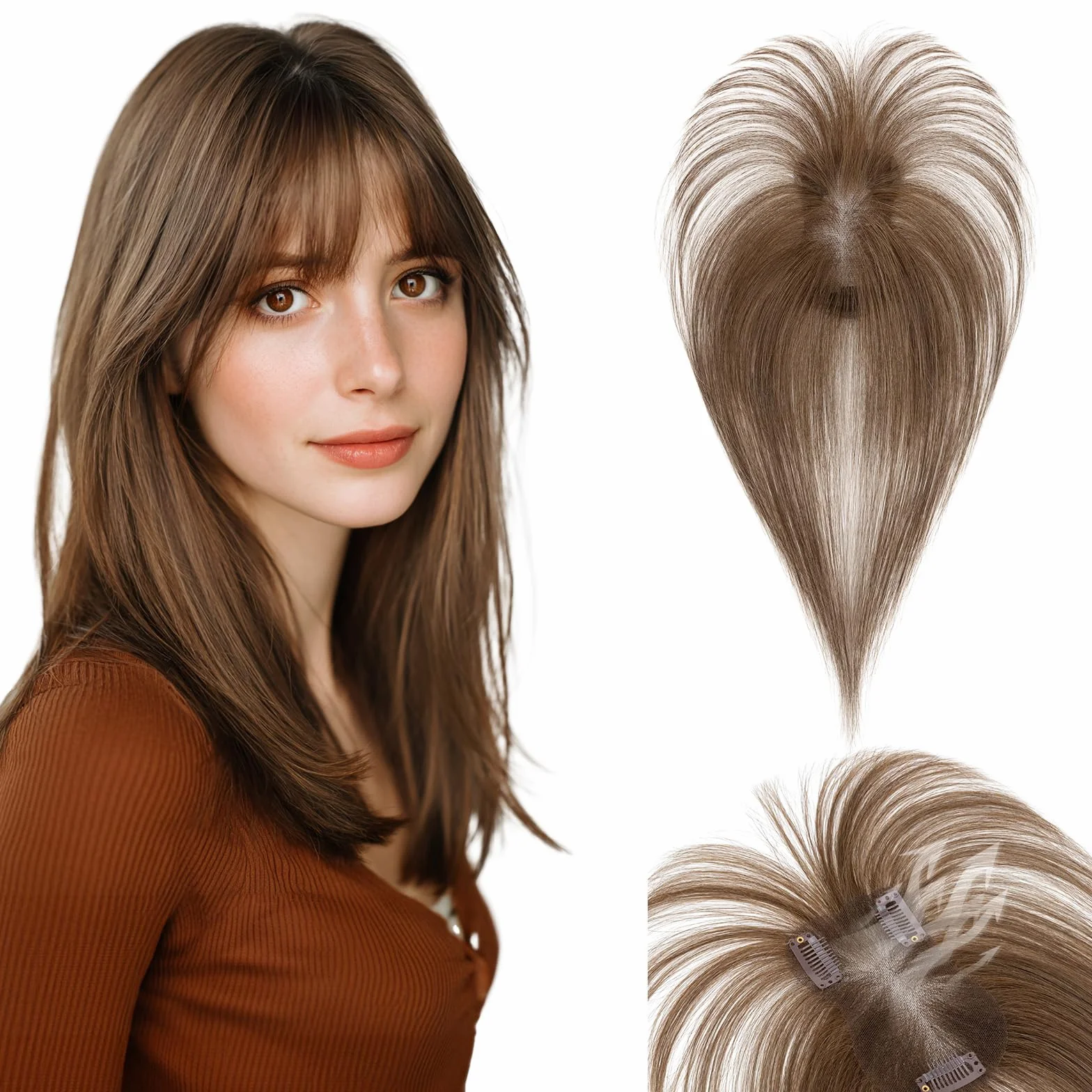 SEGOHAIR Tope de pelo humano para mujeres con flequillo Wispy, 7 x 11 cm, para cabello fino, con cobertura 3D de 360° y base cosida a mano, 14 g, color marrón medio