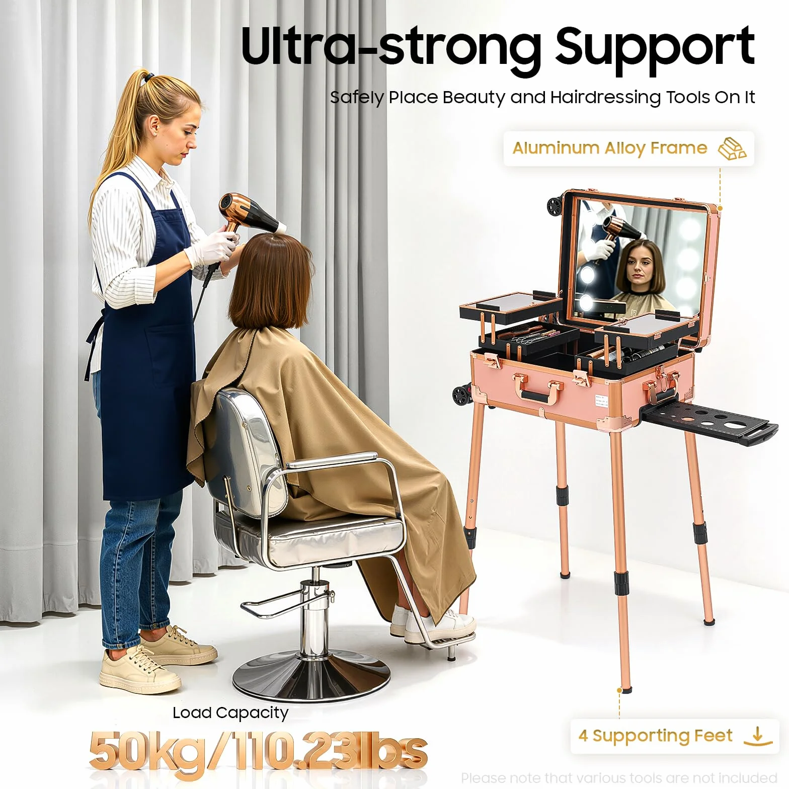 Maletín de Maquillaje Profesional con Luz LED y Espejo, Trolley de Maquillaje con Ruedas 360°, Patas Ajustables, Estación de Belleza Portátil para Maquilladores, Peluquería, Estética y Uñas