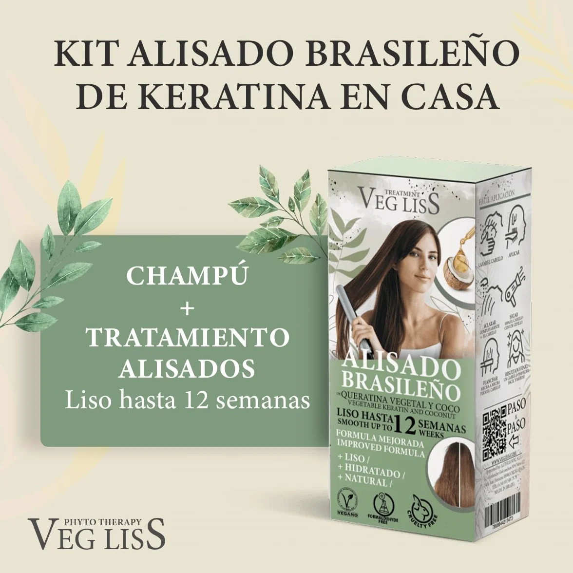 VEGLISS Kit Alisado Brasileño con Queratina Vegetal - Champú 30ml + Tratamiento 120ml - Anti Frizz - Liso 12 Semanas