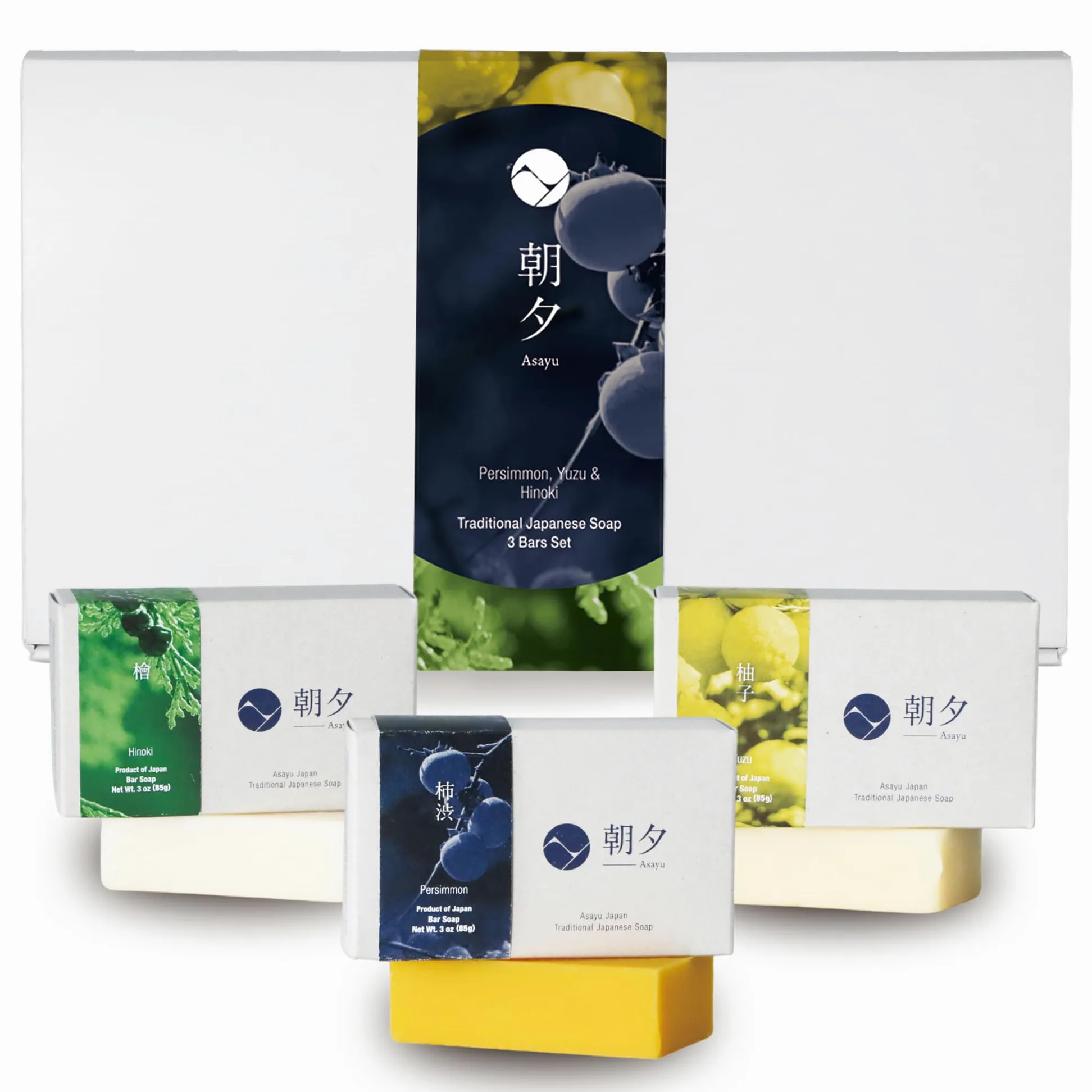 Asayu Japan Jabón corporal de regalo – Kaki, Hinoki, Yuzu – Pack de 3 unidades de 85 g cada uno (3 x 85 g), jabón corporal natural para hombres y mujeres, suave para todo tipo de piel