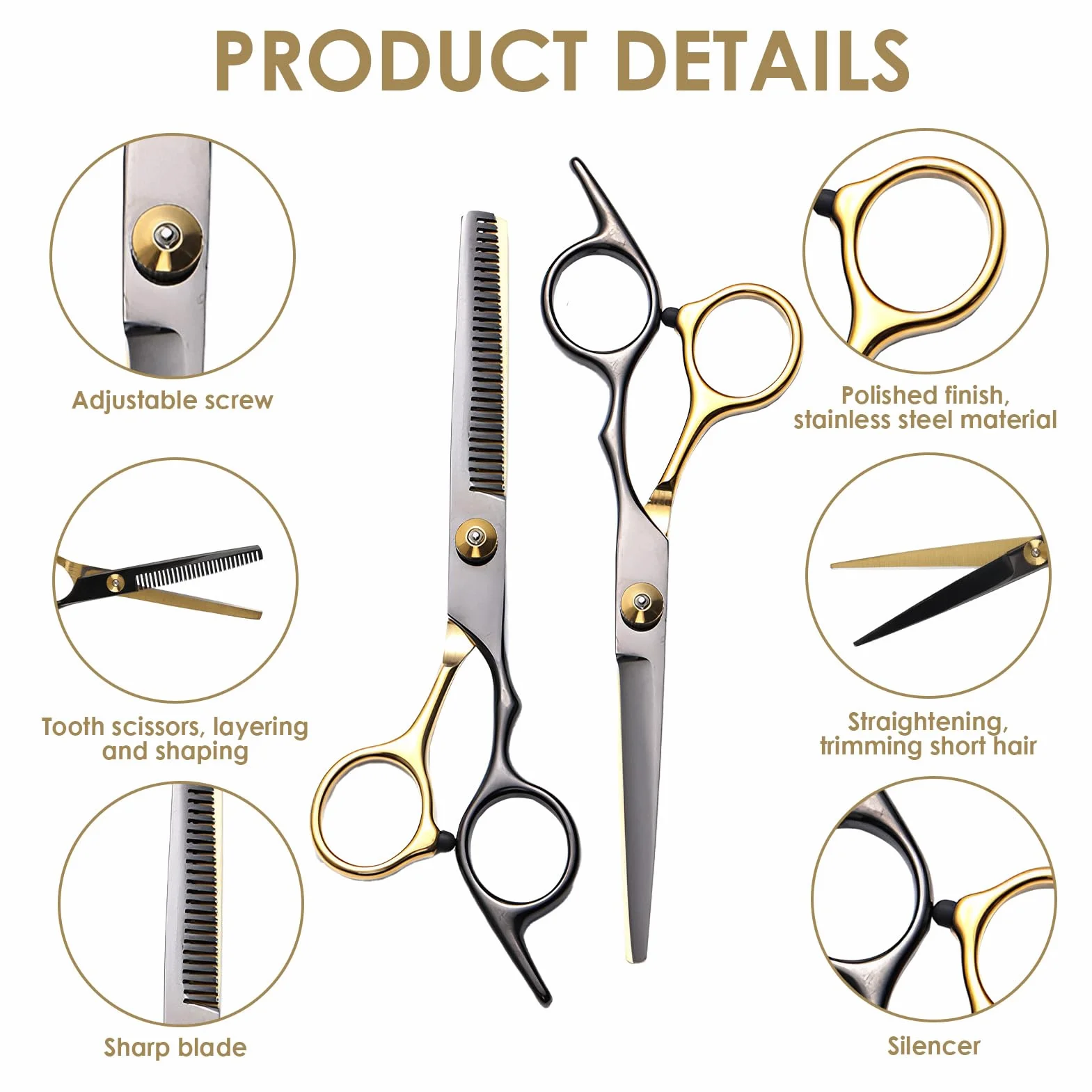 Profesional Kit Tijeras Peluqueria Canina 15 Piezas Acero Inoxidable Oro Negro