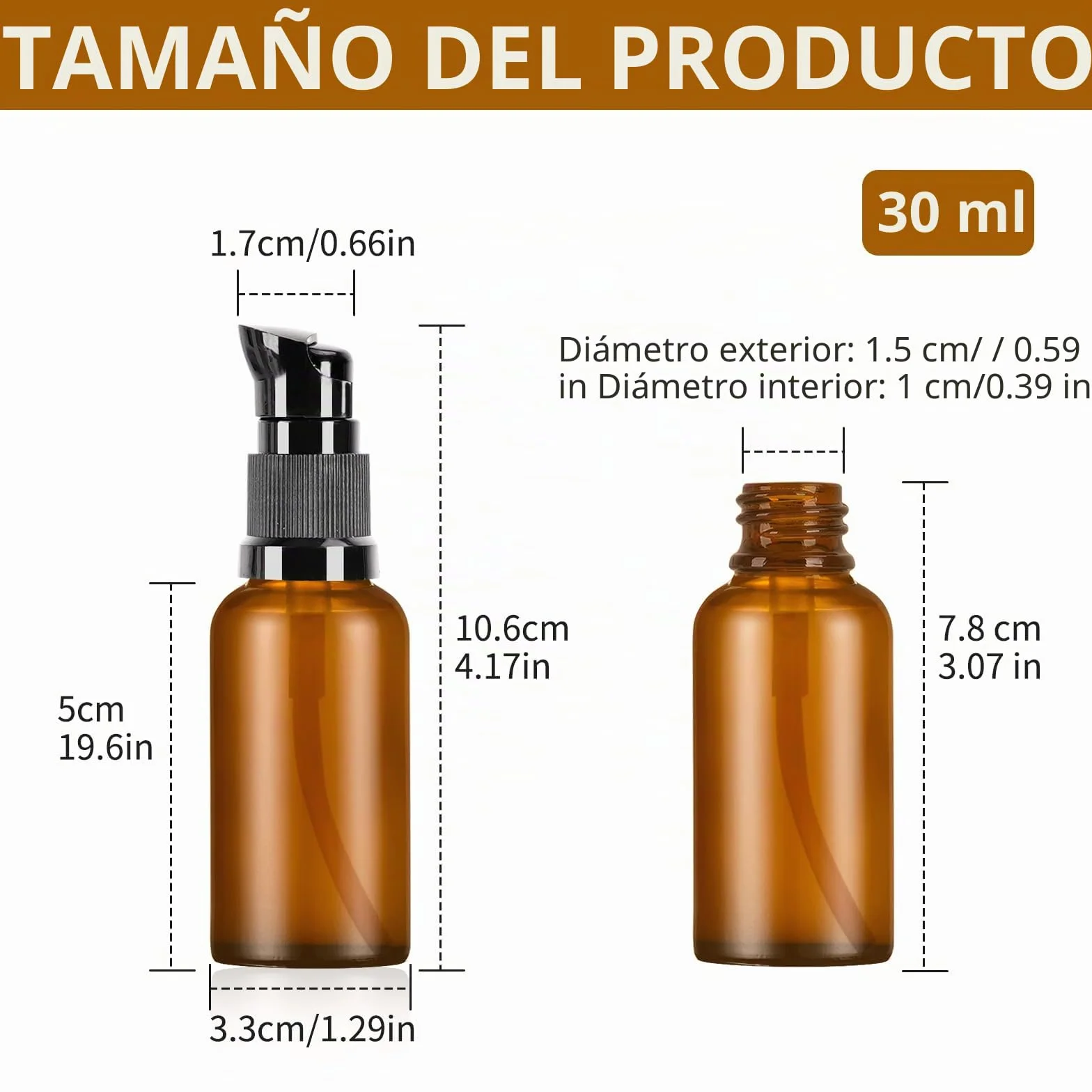 Botellas de Vidrio Ambar 30ml con Bomba, Dispensadores de Vidrio Marrón, Vacías Rellenables para Aceite Esencial, Viaje Crema Loción, 8 Pcs con Embudos
