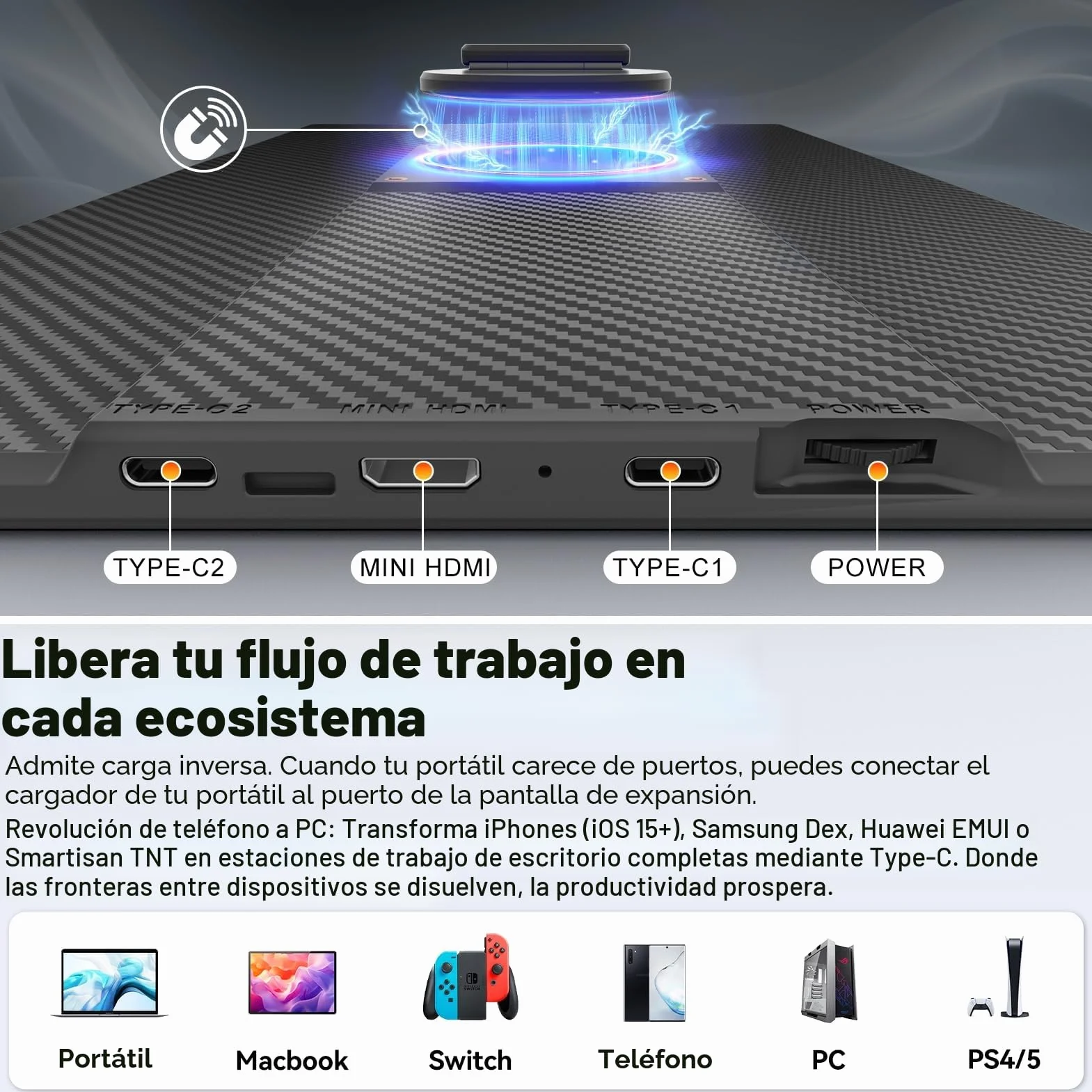 Domyfan Monitor Portable 16,1" FHD 1200P Doble Pantalla Soporte Magnético 360° Plug & Play