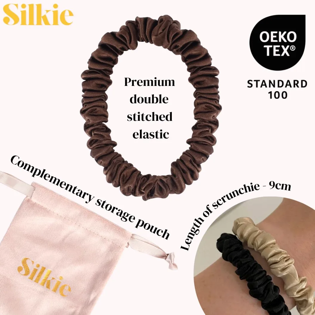SILKIE Gomas para el pelo, 100% Seda Pura de Mora, Negro, Azul Oscuro, Gomas delgadas, Bolso de viaje, Para el día a día, Elásticas, Cuidado del cabello, Soporte para cola de caballo, Sin daños
