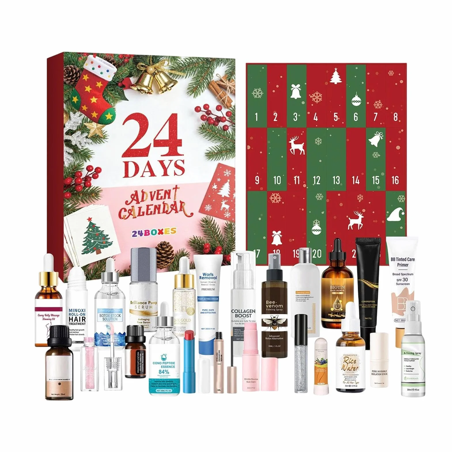 Calendario de Adviento de belleza, calendario de cuenta regresiva de Navidad con 24 cuadrículas para el cuidado de la piel, relleno de calcetines, maquillaje para mujeres, niñas, adolescentes
