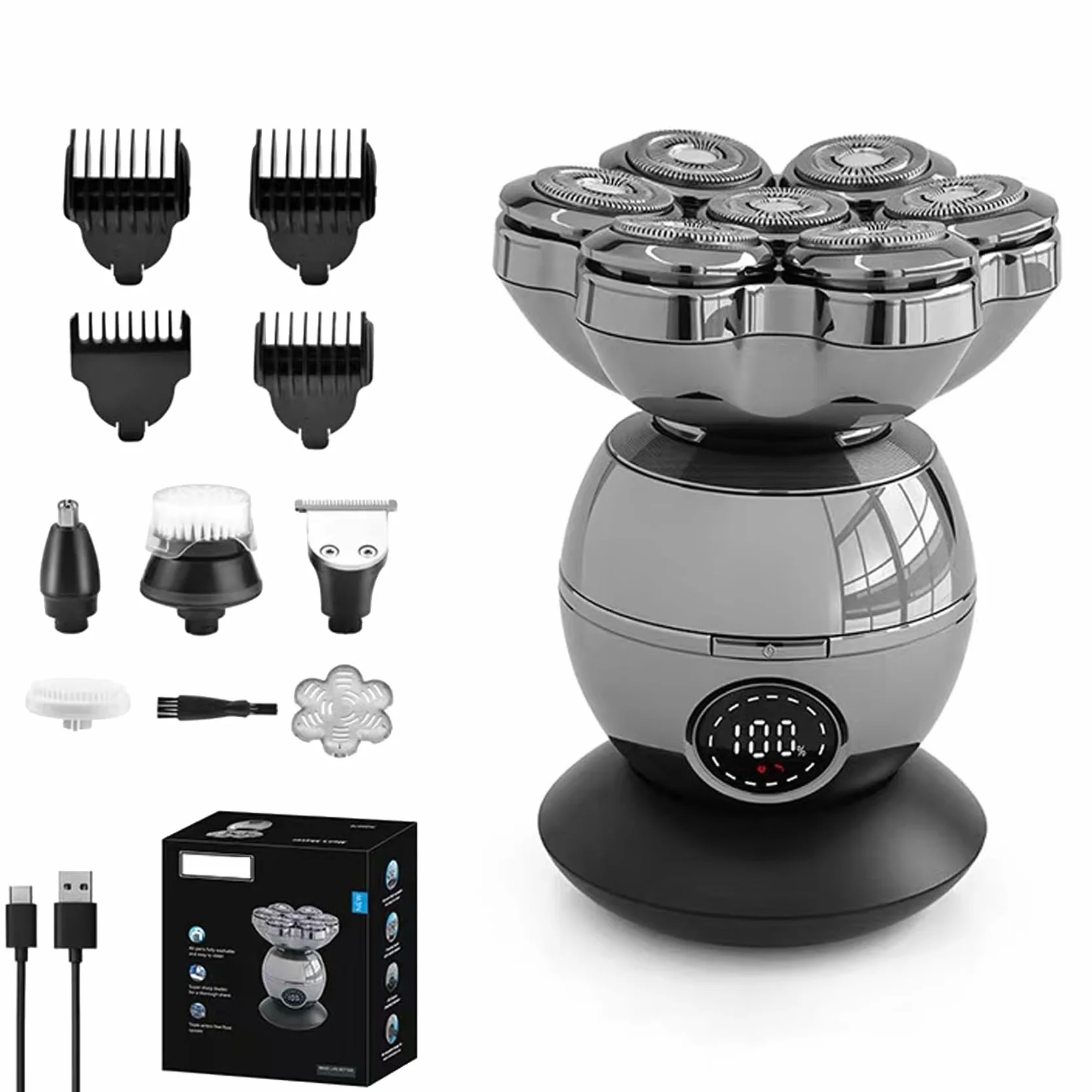 Trimpod 3.0 Afeitadora de cabeza para hombres calvos con pantalla LED, 7 cabezales giratorios, IPX7