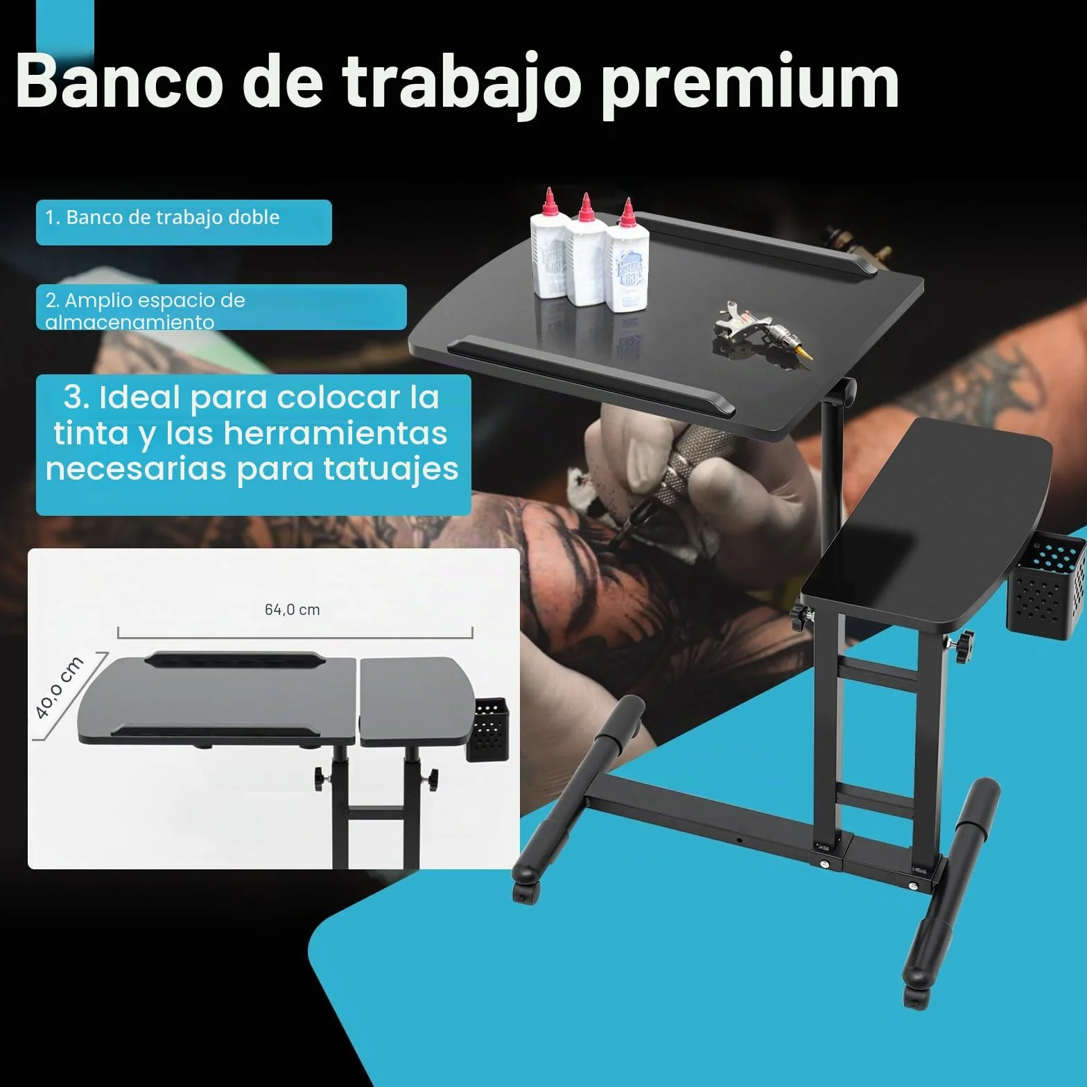 Carro de tatuaje reposabrazos extraíble portátil altura ajustable 57-90 cm 12,5 kg