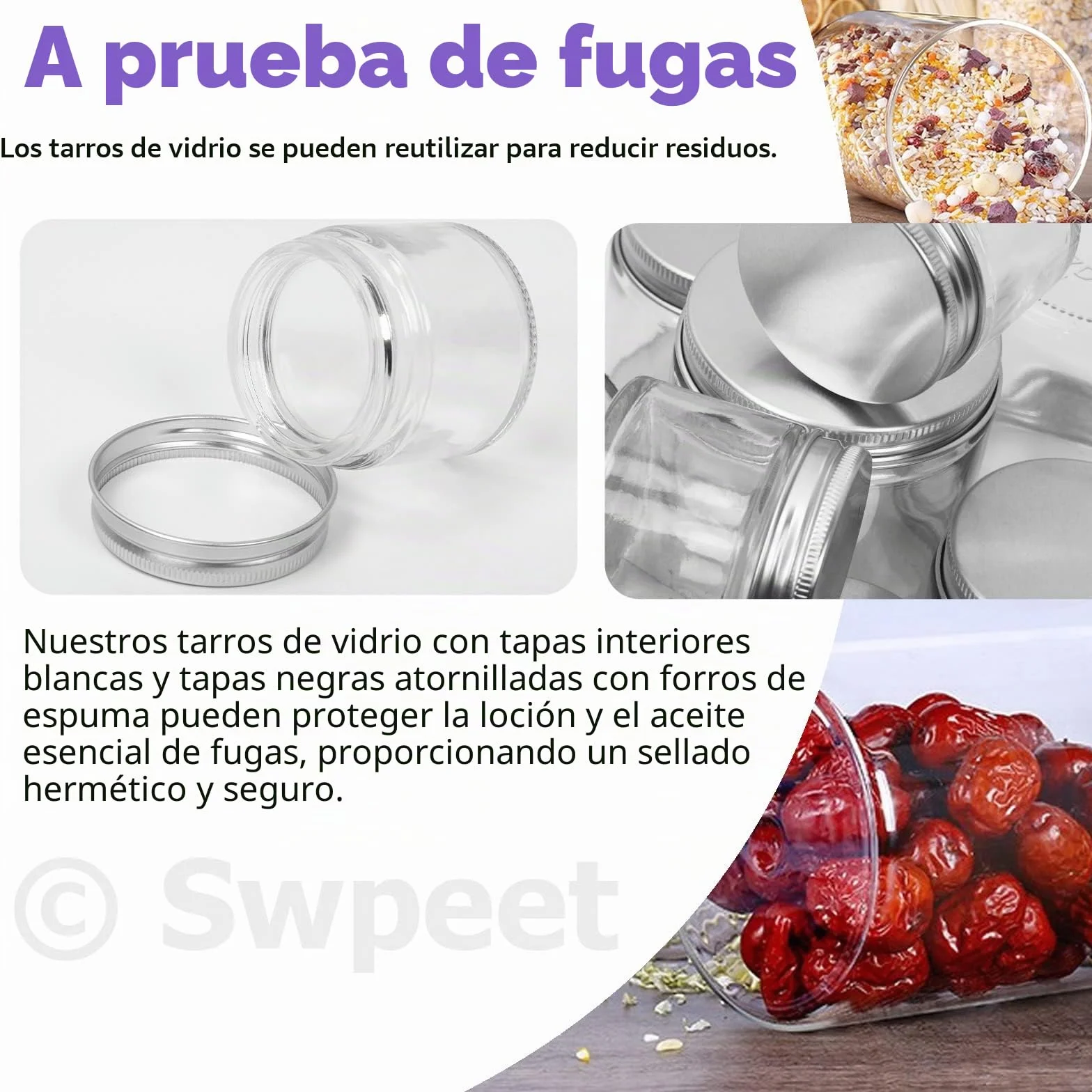 Frascos de vidrio transparente 120 ml con tapa plateada para cosméticos