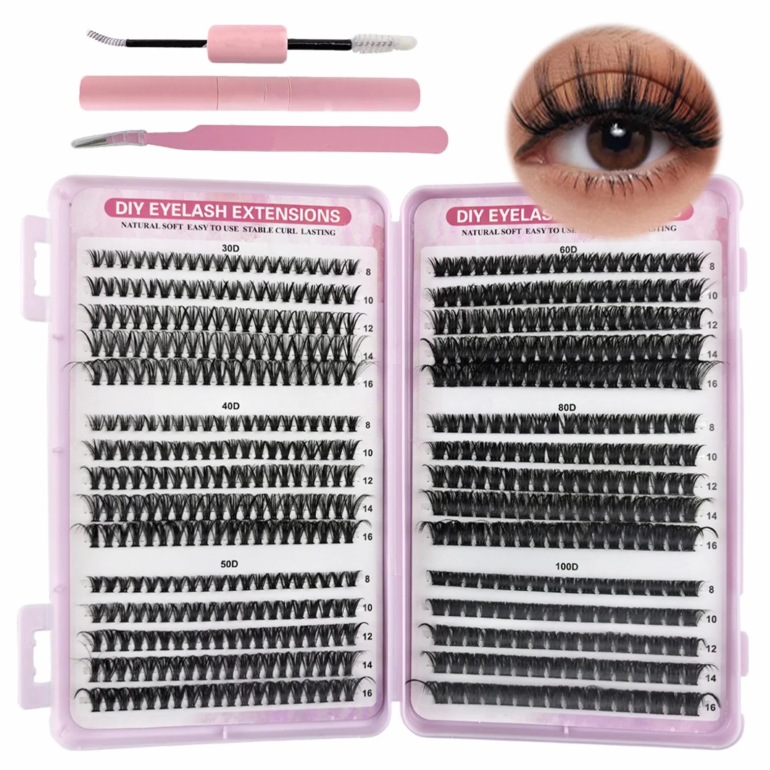VEGCOO Pestañas Postizas Cluster Lashes 570 Unds 30-100D 8-16 mm Extensiones de Pestañas Individuales Tipo Racimo Ruso