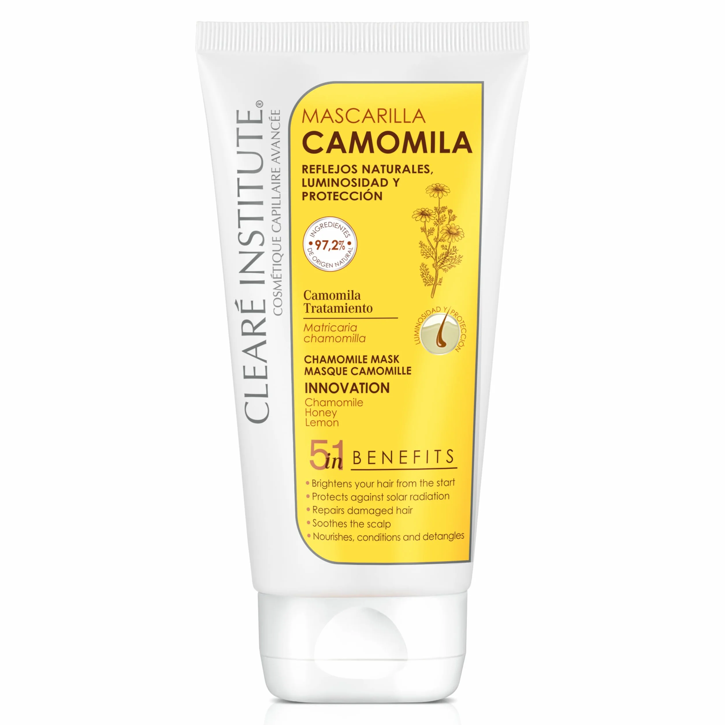 Mascarilla Camomila Natural 150 ml Sin Sulfatos SLS SLES Parabenos Siliconas Nutre Aclara Pelo Rubio Castaño 97% Ingredientes Naturales