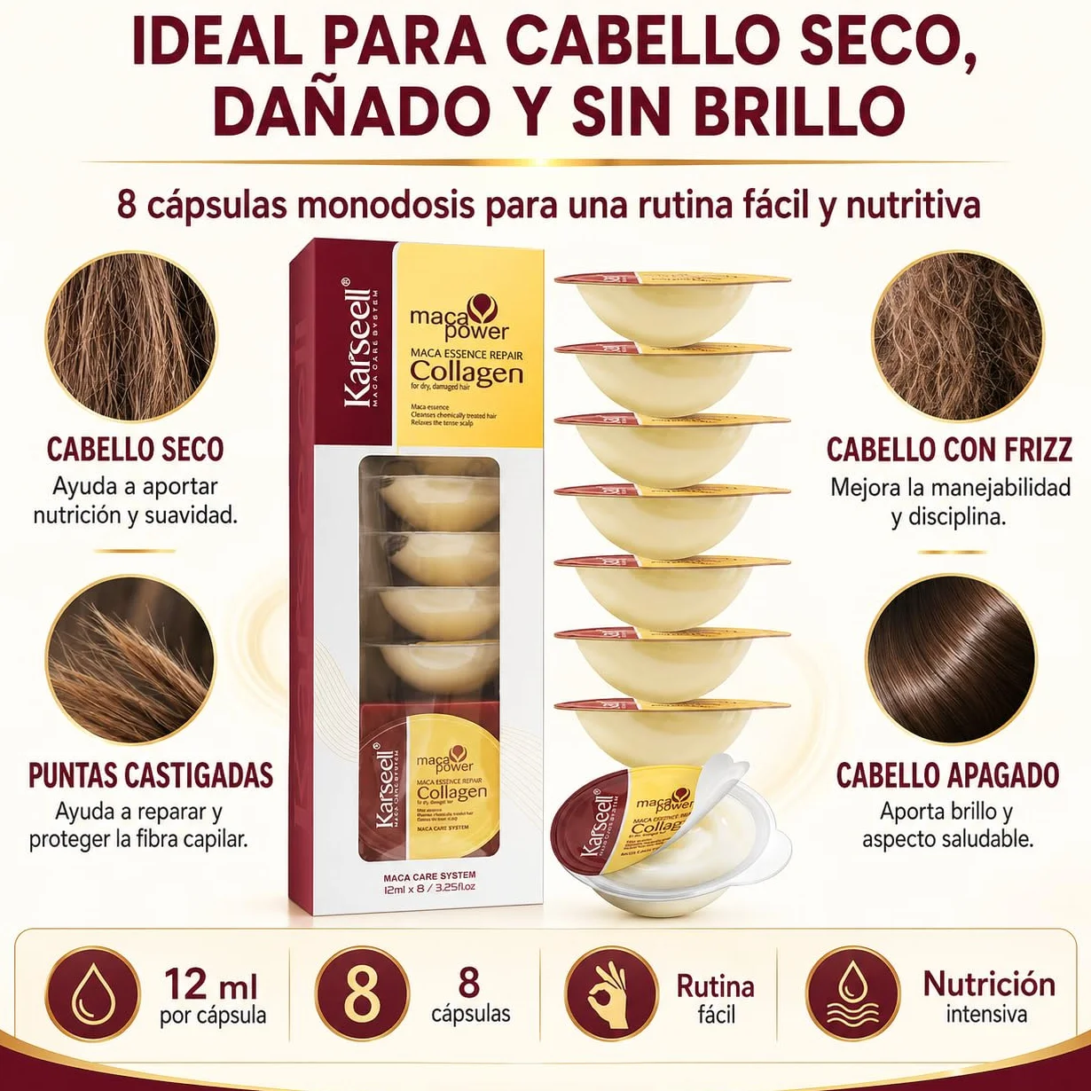 Karseell MACA CARE SYSTEM Mascarilla Capilar Colágeno Monodosis Reparación Intensa 12ml x 8