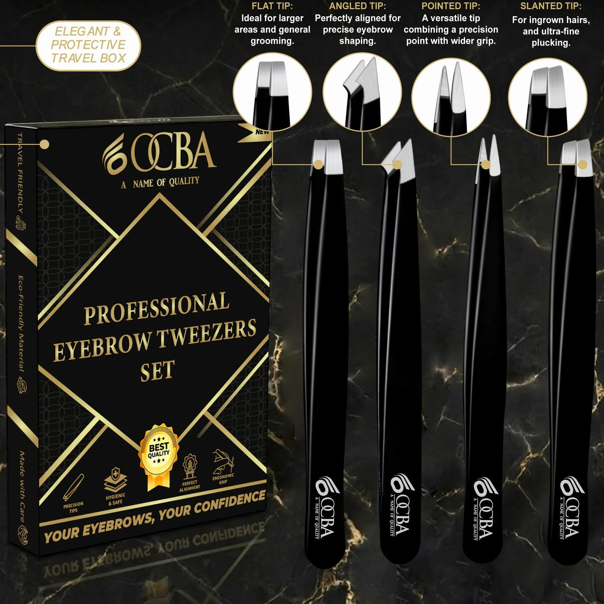 OCBA Pinzas para cejas profesionales antideslizantes Punta mejorada 4 piezas Negro