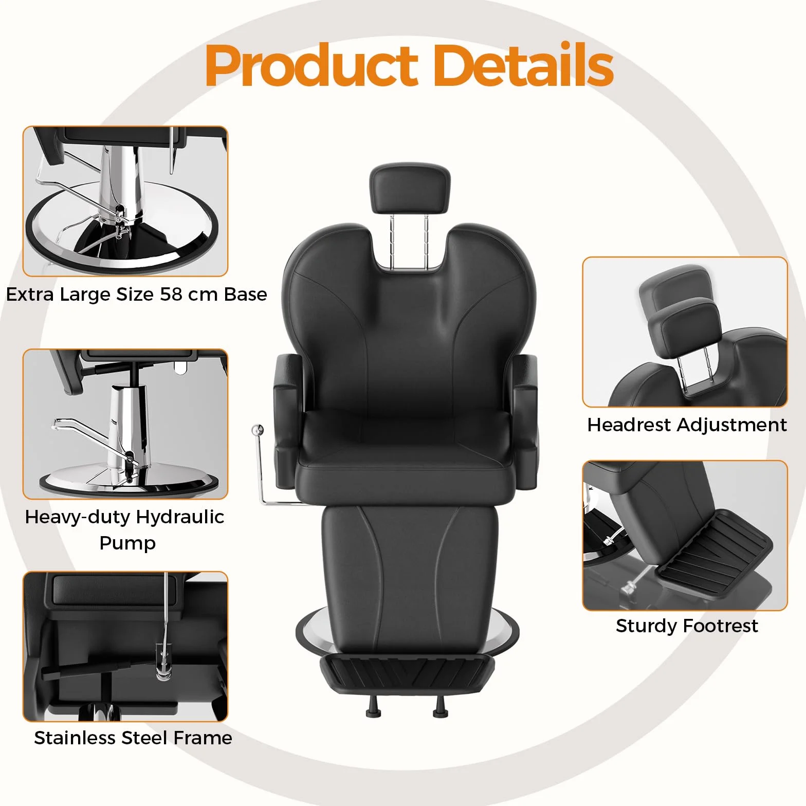 Sillón de Peluquería Hidráulico Reclinable 360° 63 x 54 x 92-105 cm Negro