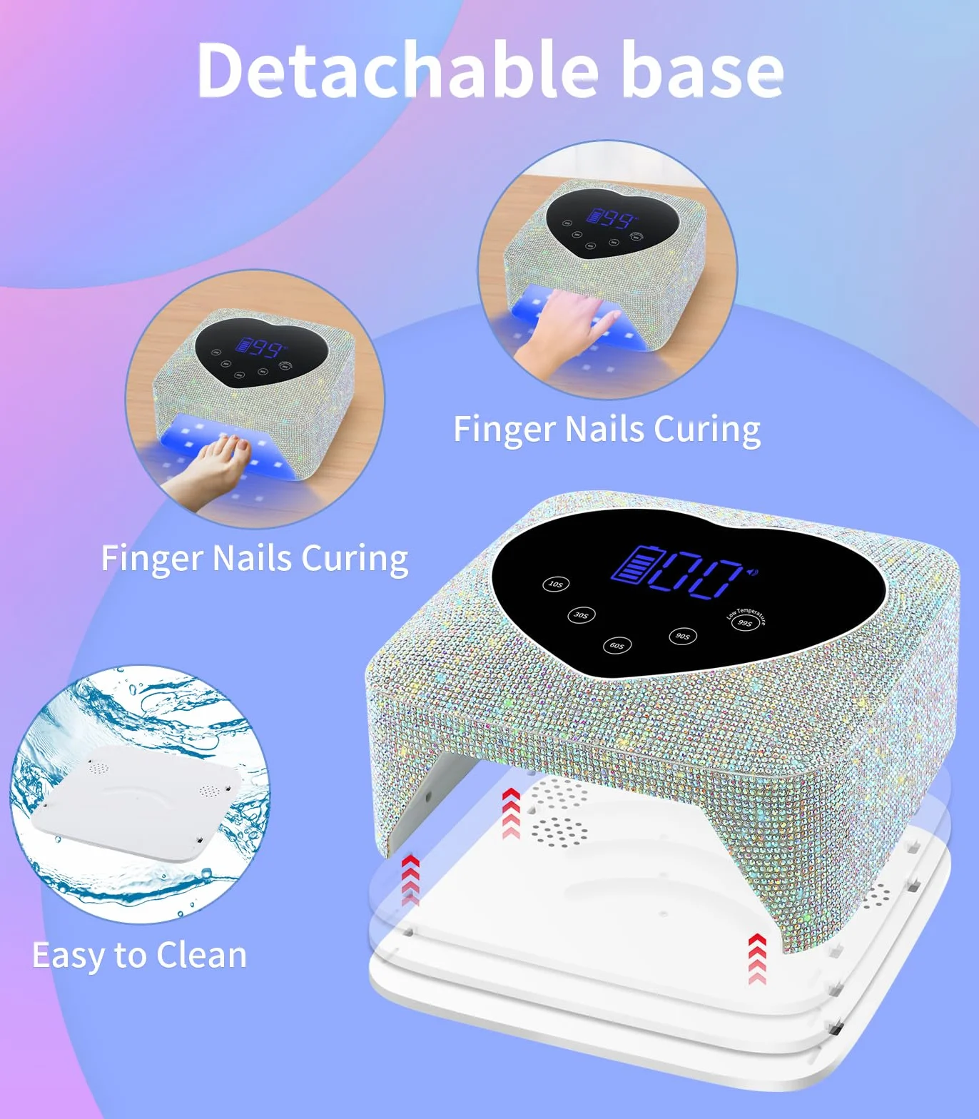 HUGMAPLE Lámpara de uñas UV inalámbrica para uñas de gel de 72 W, secador de uñas LED de diamante recargable con 5 ajustes de temporizador, control táctil y sensor automático, lámpara de curado rápido
