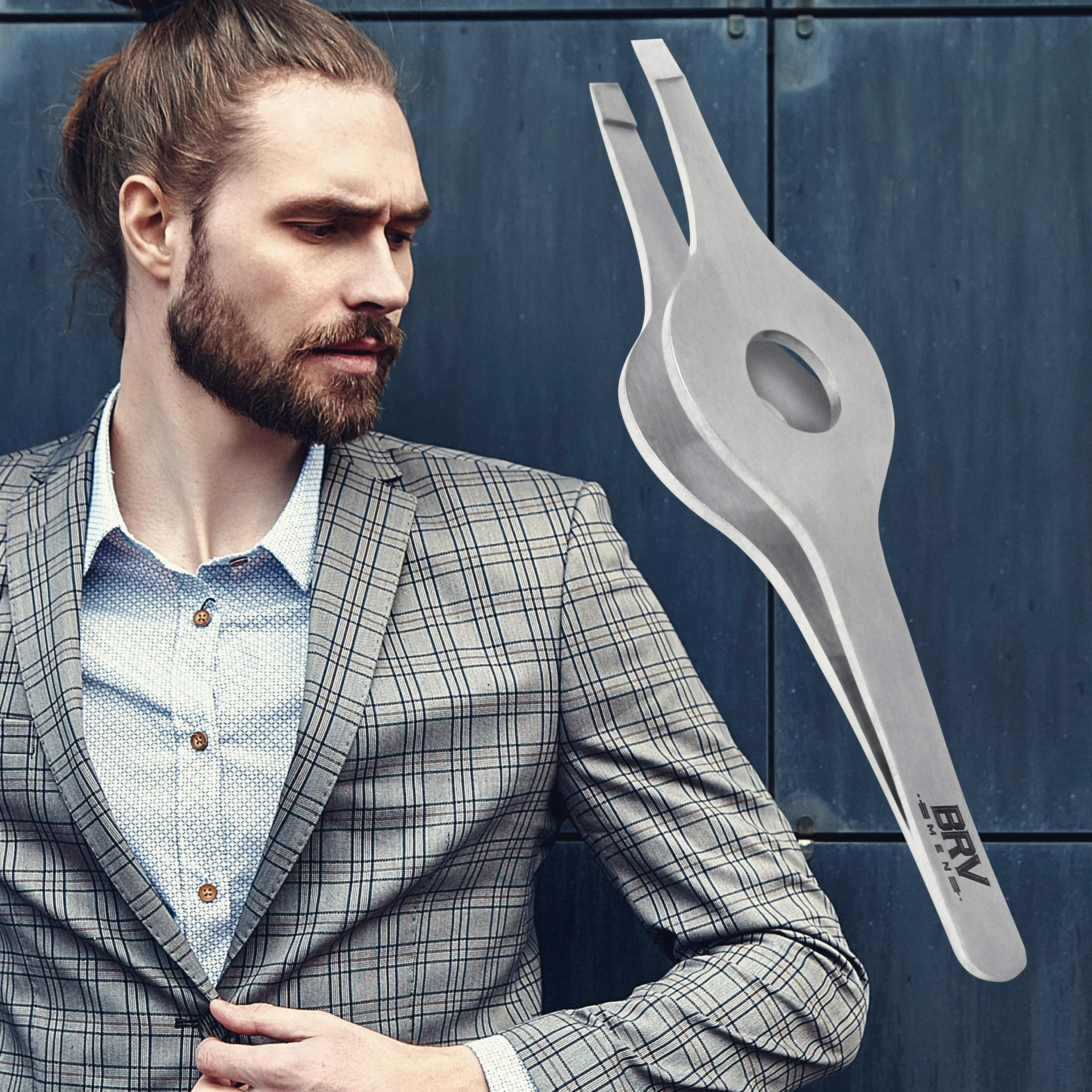 BRV MEN Pinzas Inclinadas De Agarre Ancho - Todas De Acero Inoxidable - Pinzas Para Cejas Y Nariz / Orejas / Vello Facial (Plateadas)
