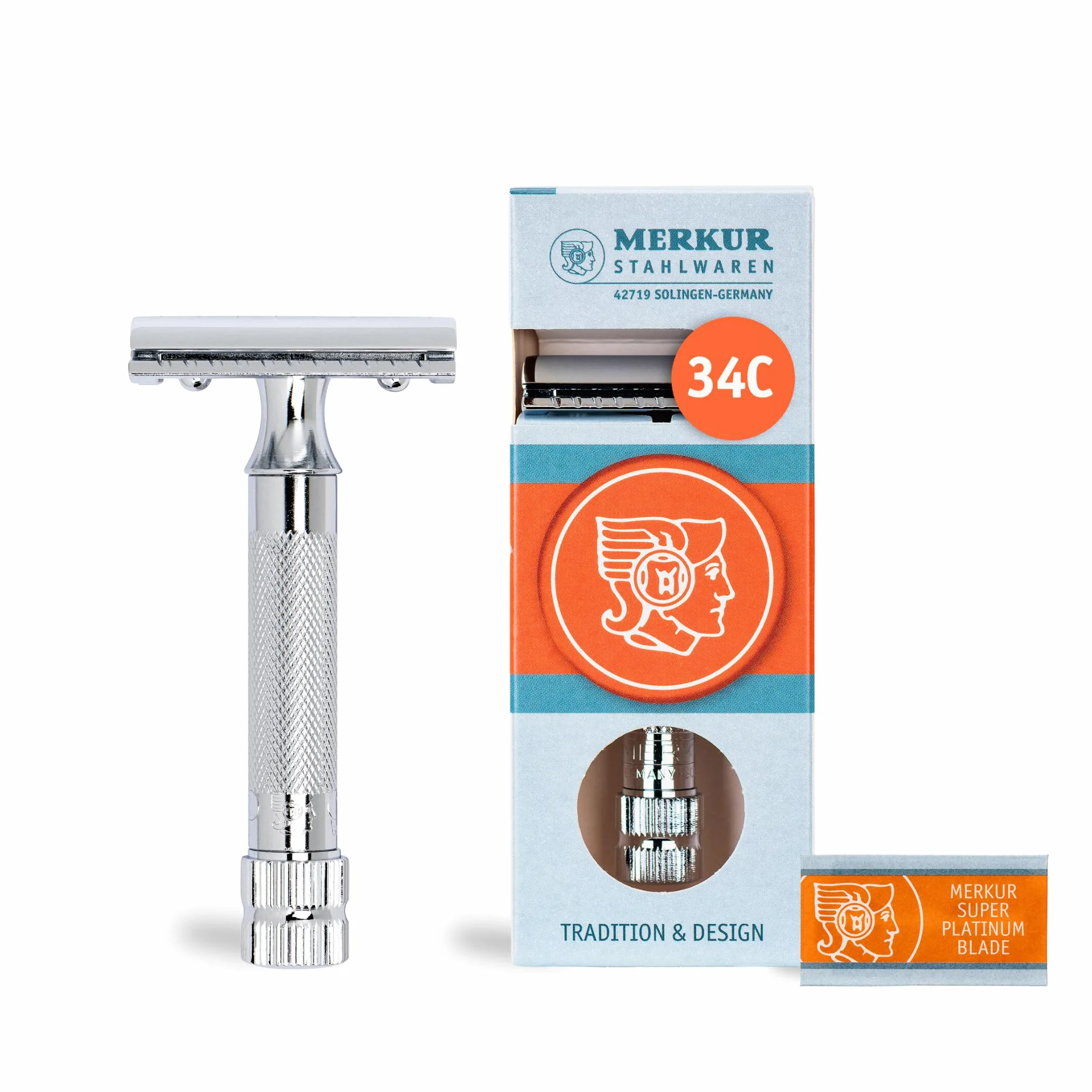 MERKUR 34C Maquinilla de afeitar de seguridad, Acabado cromado brillante, Mango corto y pesado, Diseño de dos piezas, Peine cerrado
