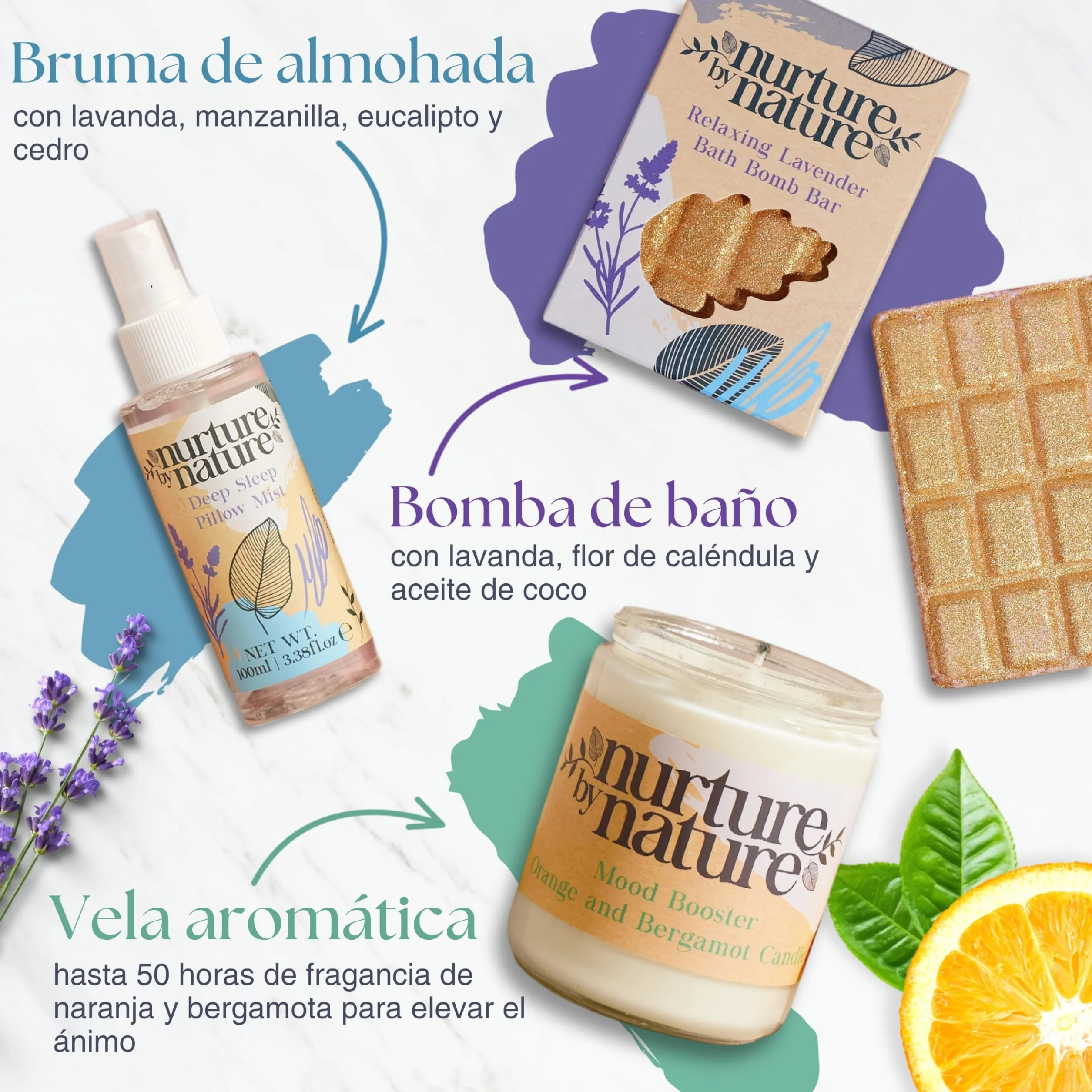 NURTURE BY NATURE Set de Regalo de Bienestar para Mujer – Set spa con spray de almohada de lavanda, exfoliante corporal, bomba de baño y vela perfumada vegano