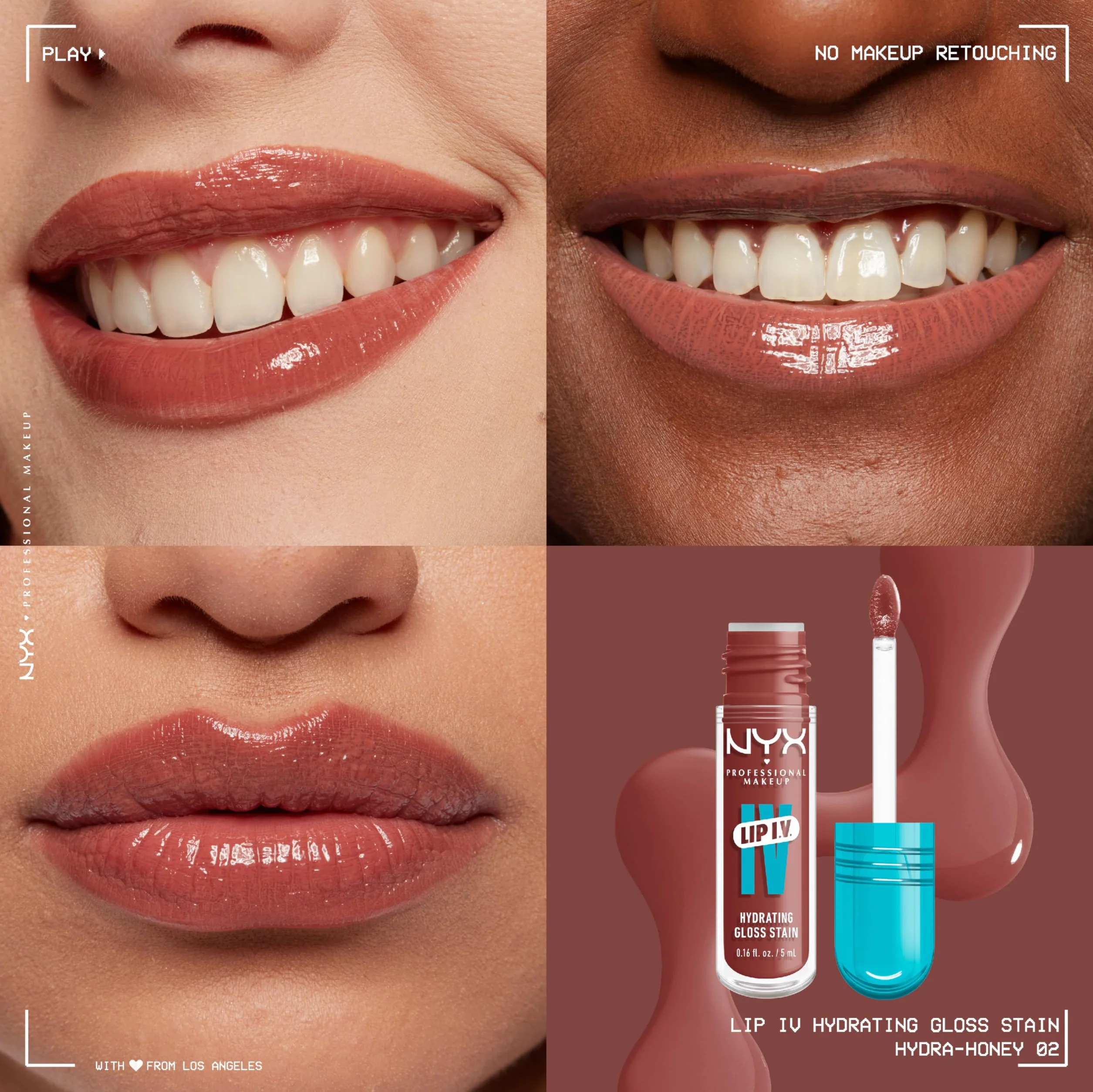 NYX Professional Makeup Lip IV Hydrating Gloss Stain, Hydra-Honey, Brillo de Labios Hidratante, Color y Brillo Efecto Húmedo, 12H Hidratación