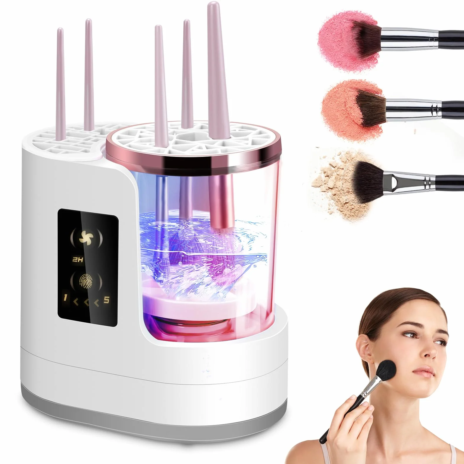 Limpiador automático de brochas de maquillaje 3 en 1 con secado y almacenamiento