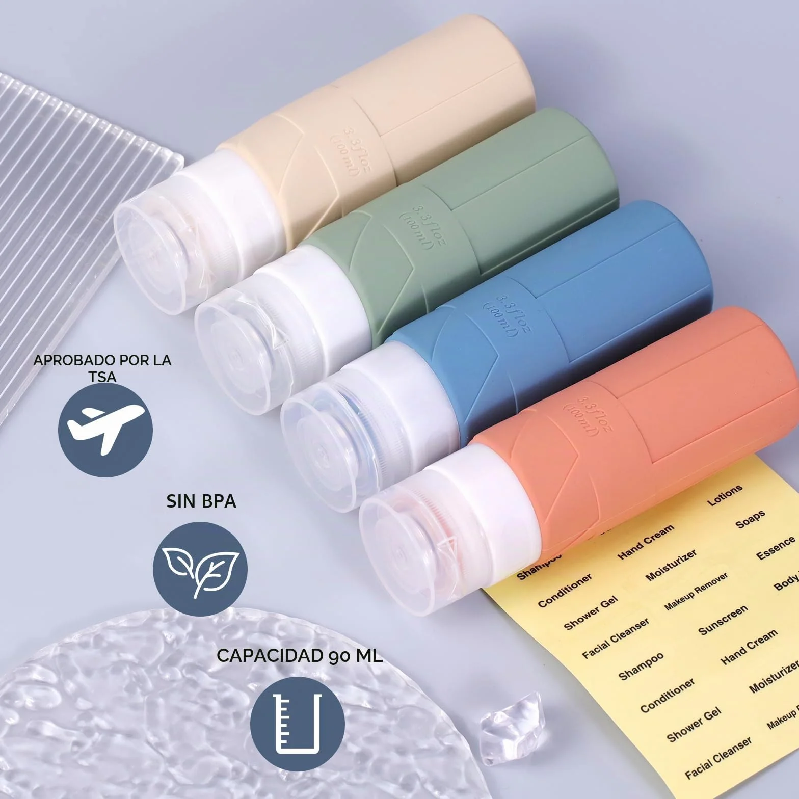 FDADVAN Botella de Viaje de Silicona 100ml 4 Unidades Kit de Viaje para Champú Gel de Ducha Morandi