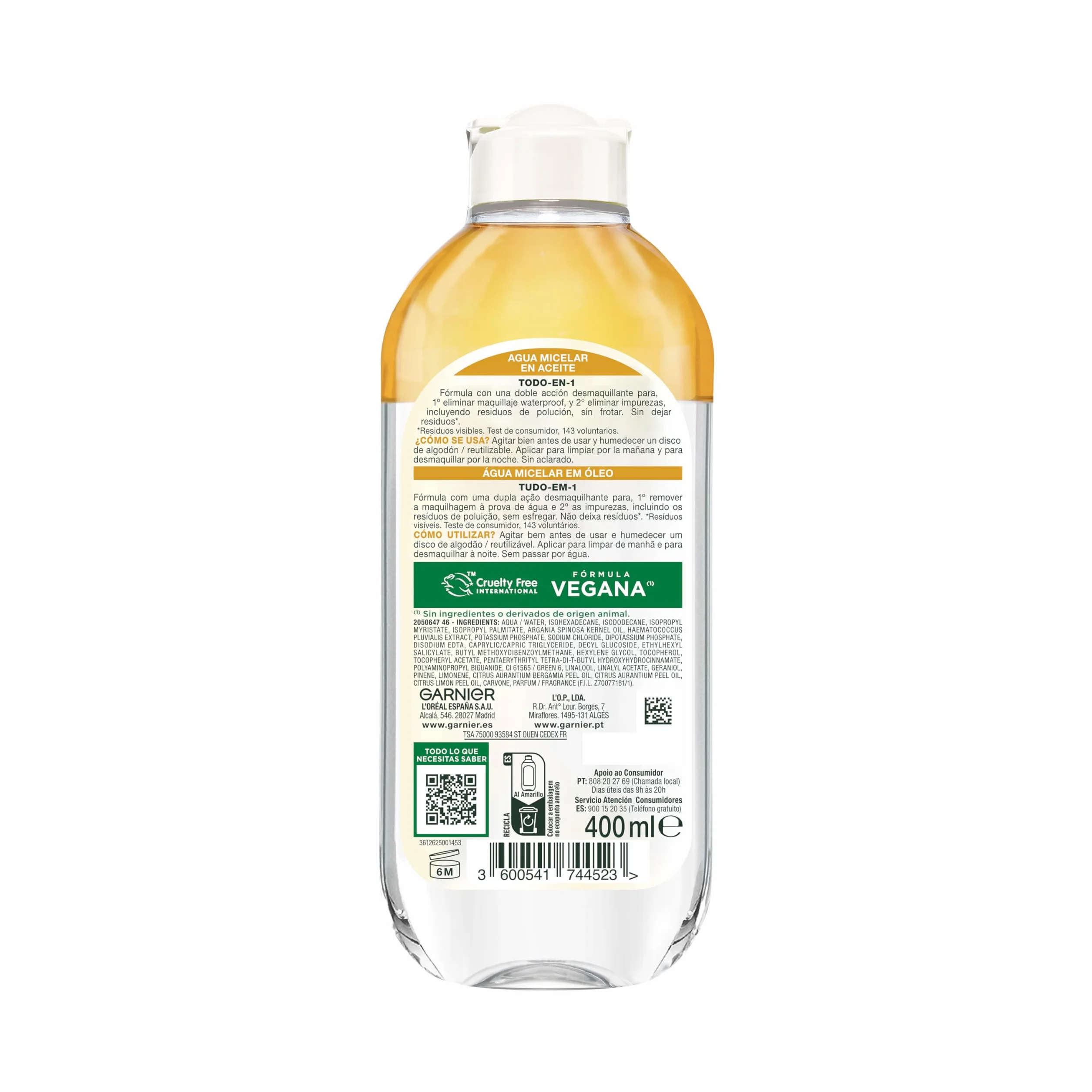 GARNIER Skin Active Agua Micelar Piel Grasa Aceite Waterproof 400 ml