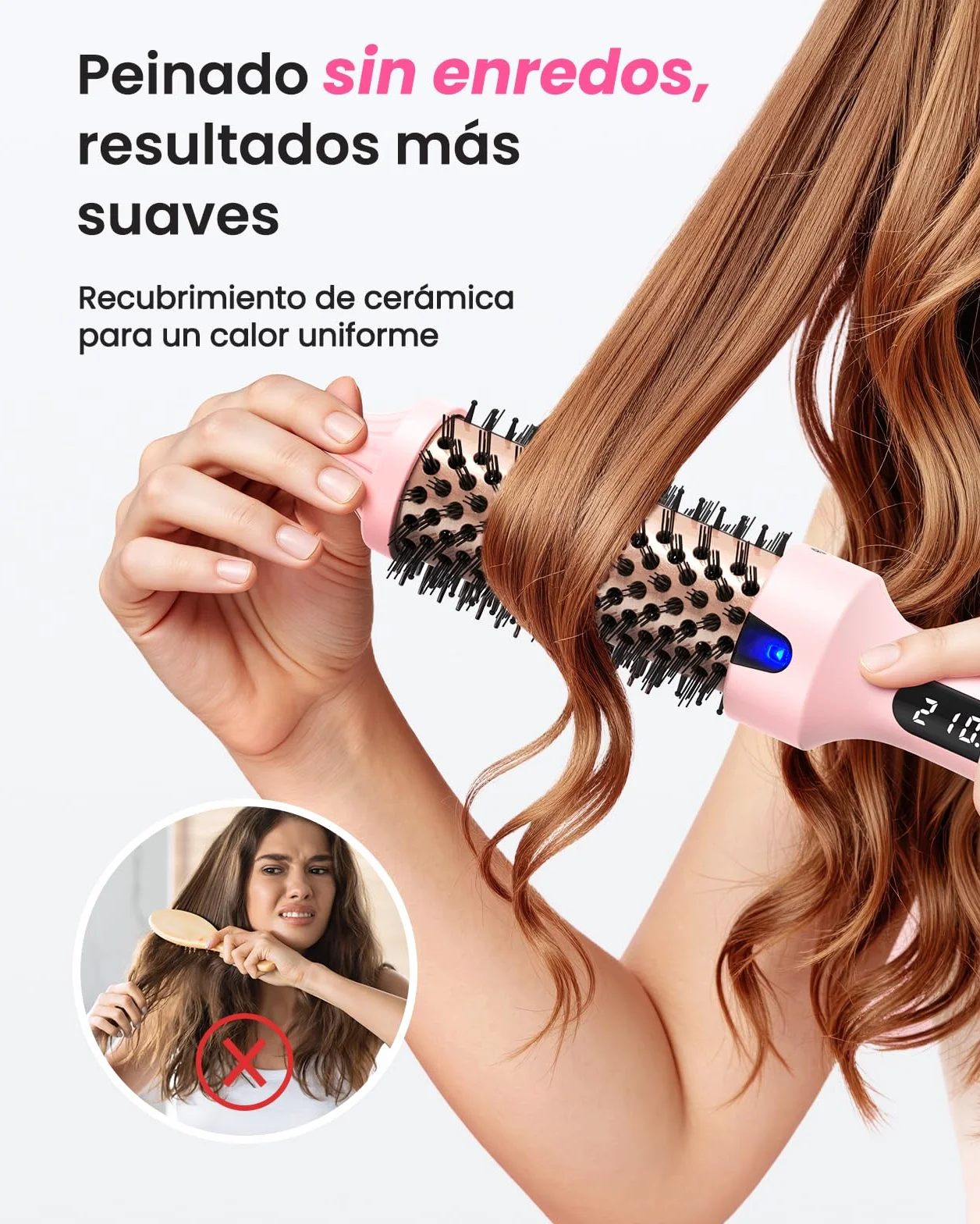 Haokoo Cepillo Térmico Redondo 38 mm, Alisador y Moldeador de Pelo, Iónico Cerámico Antifrizz, 6 Temperaturas LCD, Doble Voltaje, Rosa