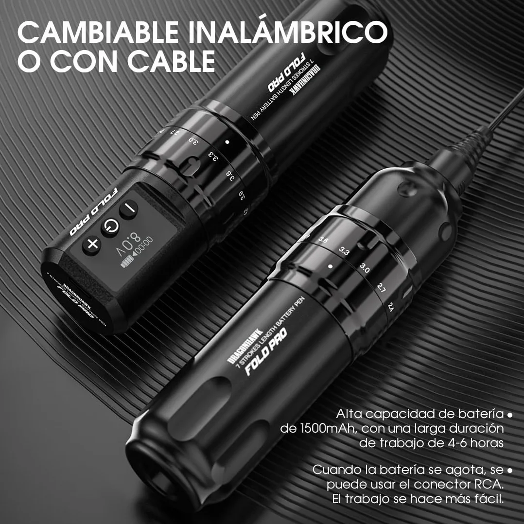 Dragonhawk Fold Pro Máquina de tatuar inalámbrica Bolígrafo con batería de 7 carreras 2.4-4.2mm, 2pcs batería de 1500mAh para tatuadores profesionales