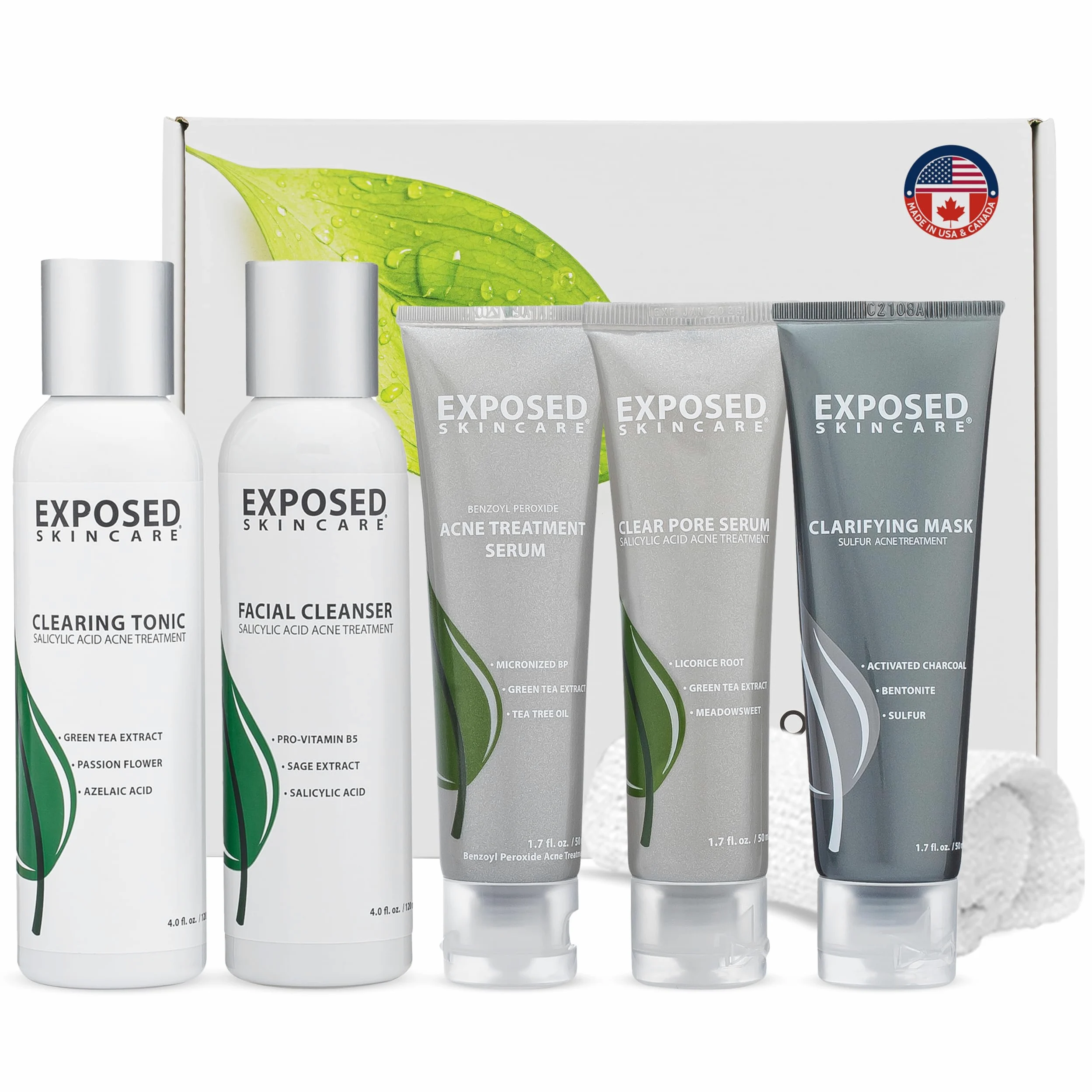 Exposed Skin Care Kit de tratamiento para el acné - Solución natural para el acné para el rostro, todos los tipos de piel y edades - Contiene detergente, tónico, suero, suero limpiador de poros