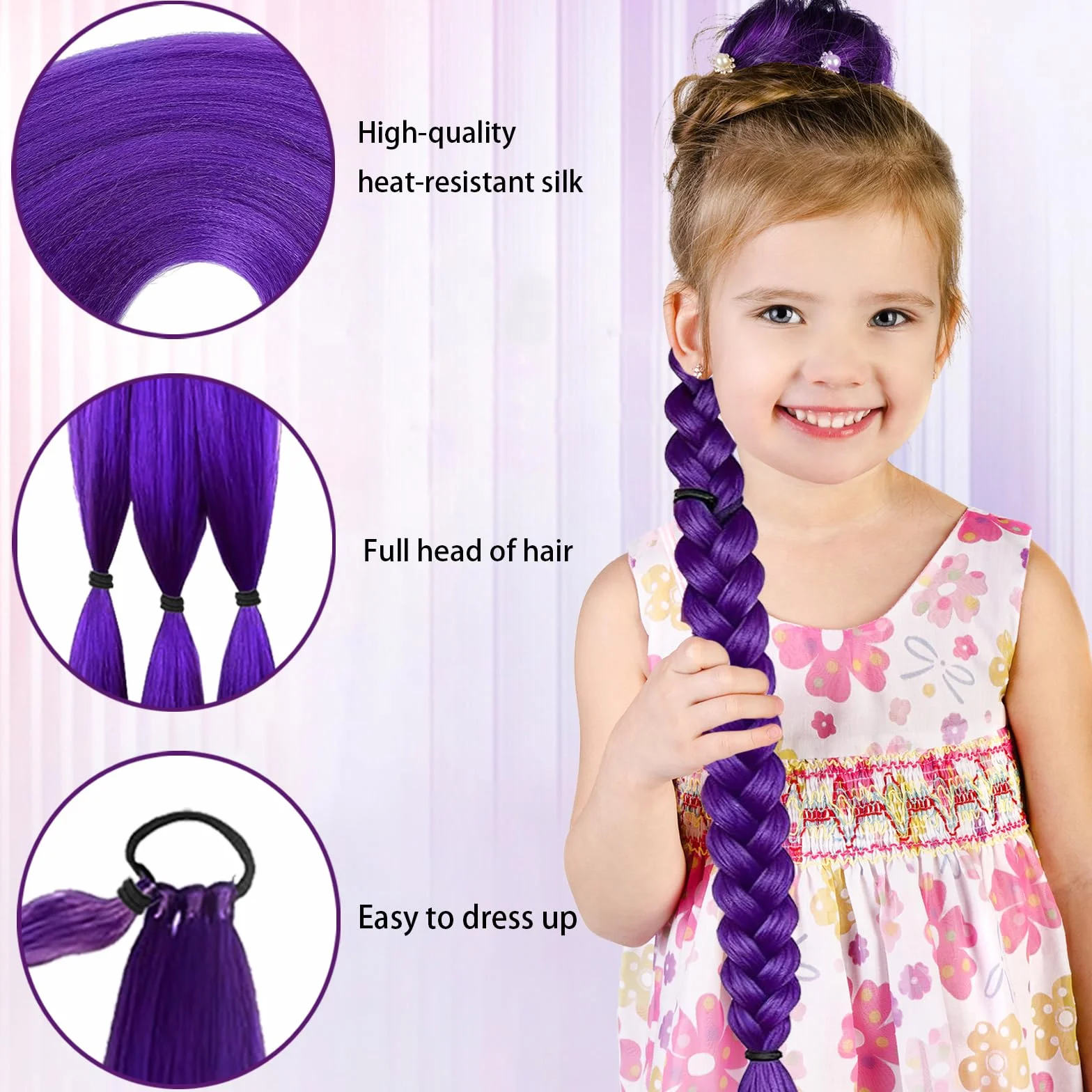 Peluca larga morada cosplay niños juego 10 piezas pulsera trenzada tatuajes carnaval